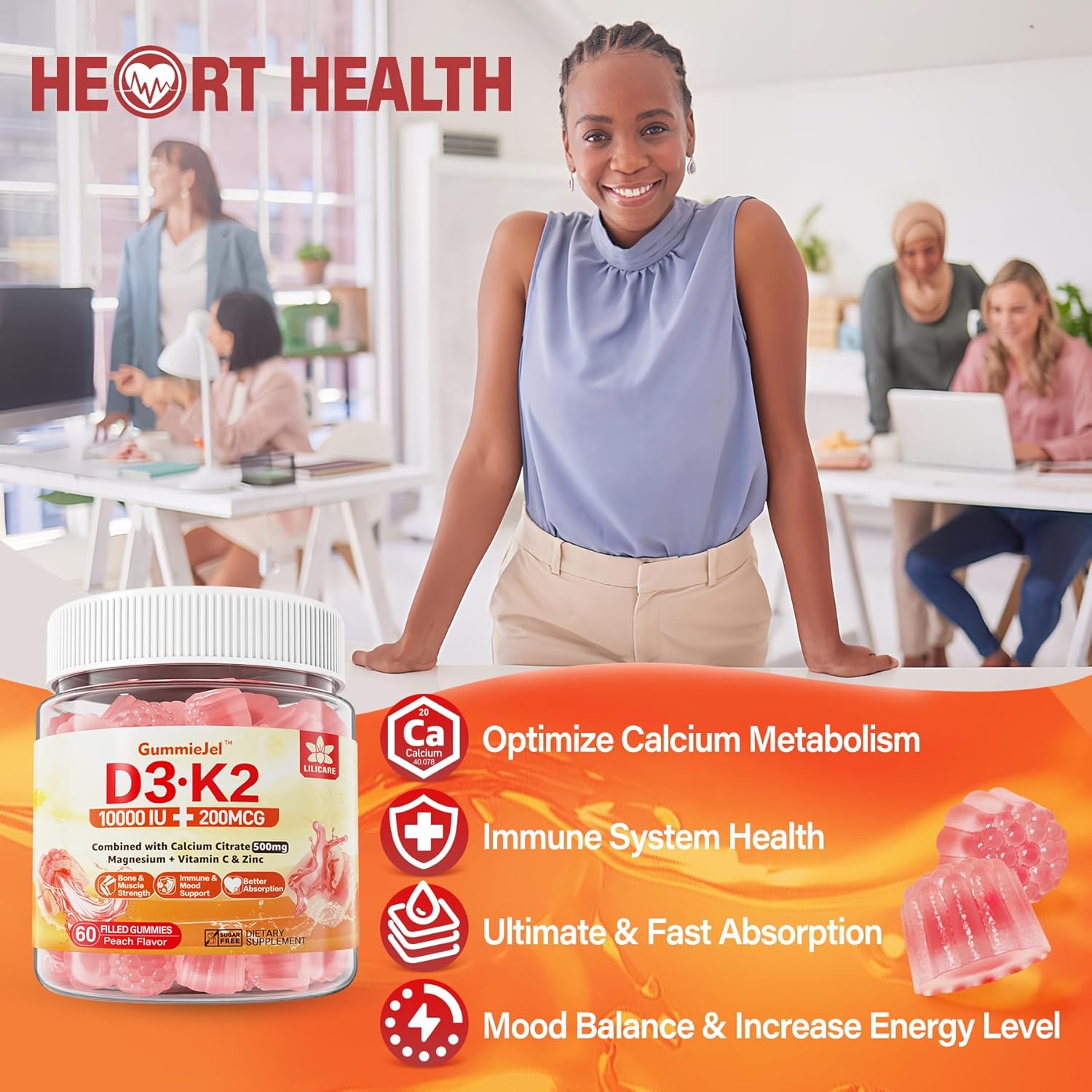 LILICARE Vegan Sugar-Free Vitamin D3 K2 Gummies with Calcium, Magnesium, and Vitamin C for Bone and Immune Support