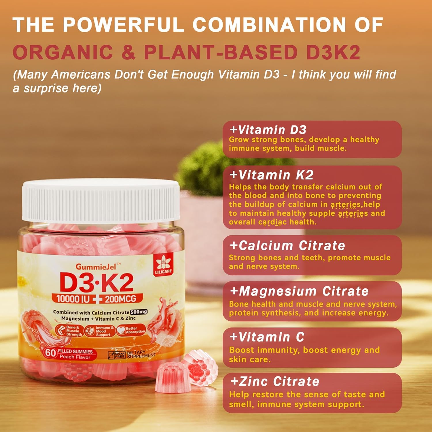 LILICARE Vegan Sugar-Free Vitamin D3 K2 Gummies with Calcium, Magnesium, and Vitamin C for Bone and Immune Support