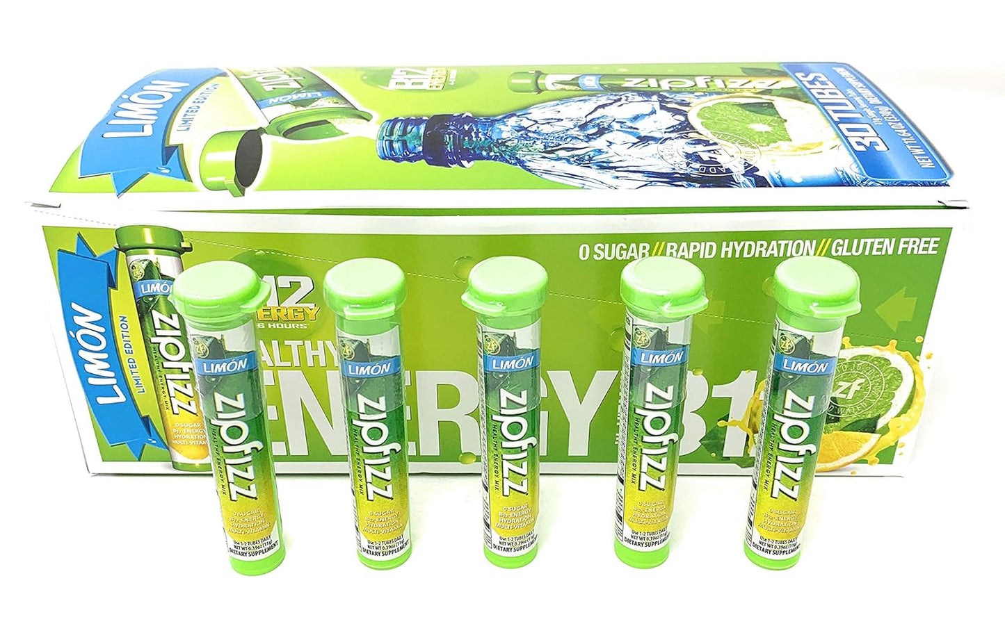 Limited Edition Zipfizz B12 Energy Dietary Supplement - 30 Tubes, Limon Flavor - 11.64 Ounce