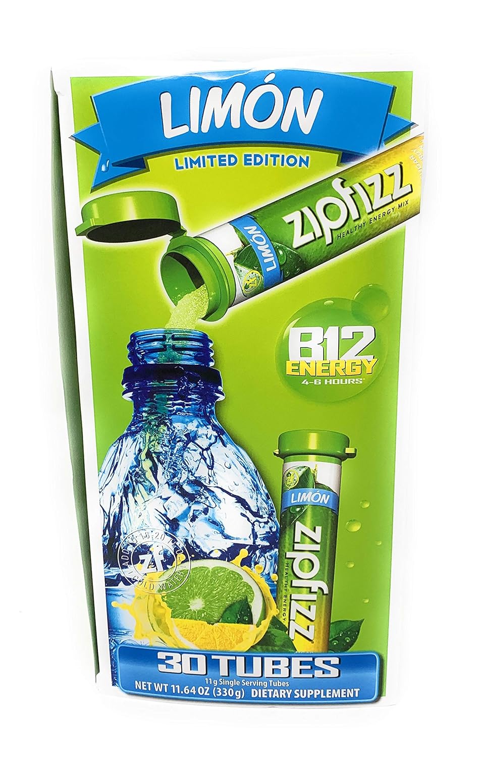 Limited Edition Zipfizz B12 Energy Dietary Supplement - 30 Tubes, Limon Flavor - 11.64 Ounce