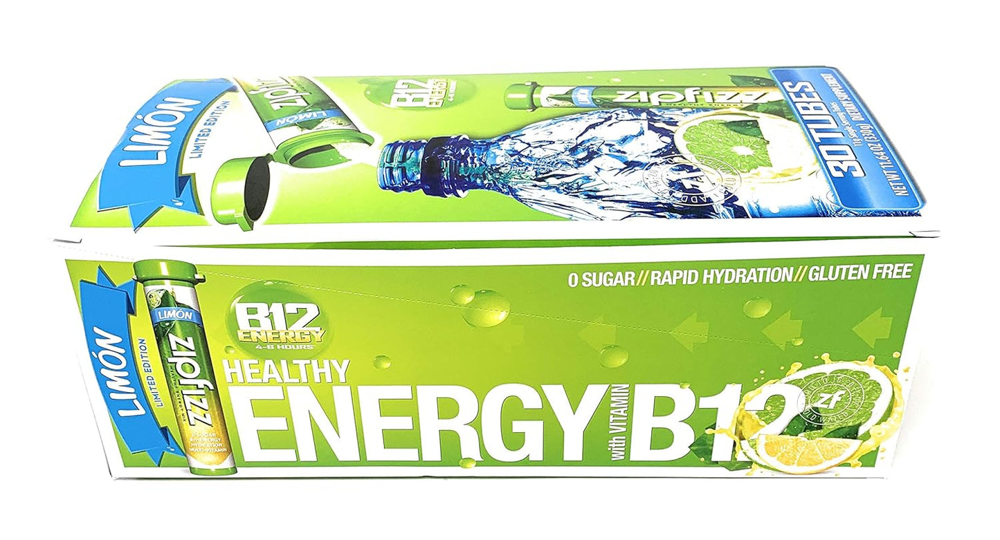 Limited Edition Zipfizz B12 Energy Dietary Supplement - 30 Tubes, Limon Flavor - 11.64 Ounce