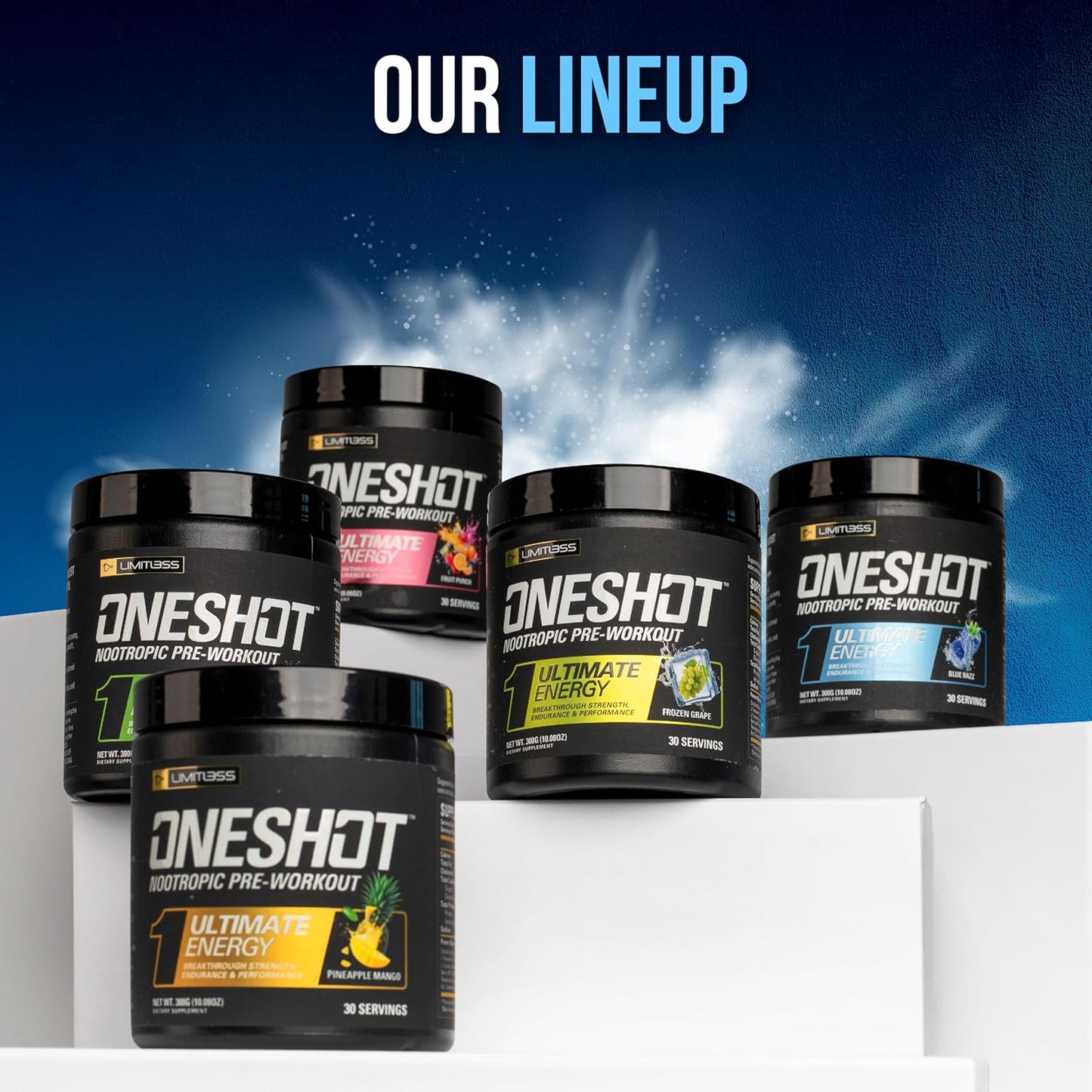 LIMITLESS X ONESHOT Blue Razz Pre Workout Powder - BCAAs Amino Acids Supplement with 200mg Caffeine, Beta Alanine, Citrulline Malate - 30 Servings for Men and Women