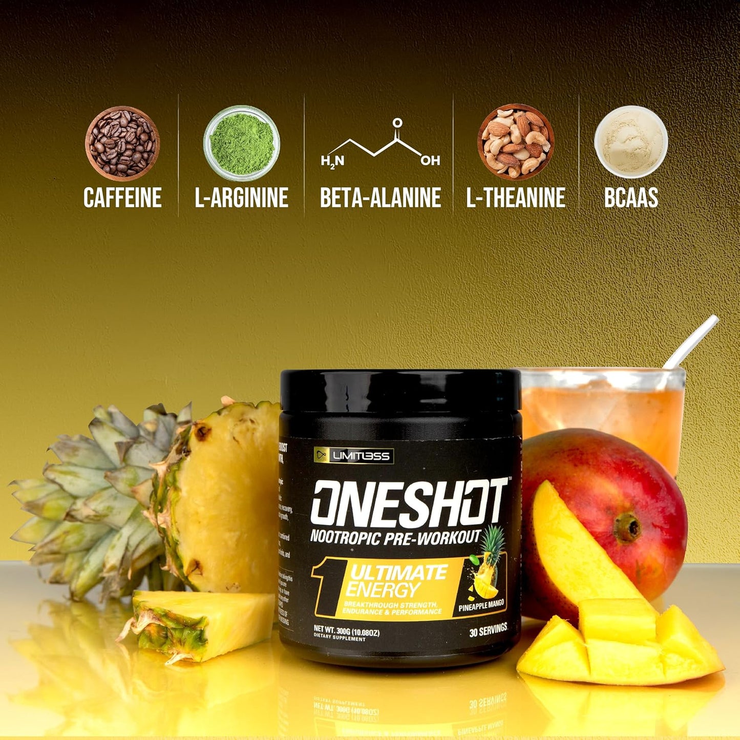LIMITLESS X ONESHOT Pre Workout Powder - BCAAs Amino Acids Supplement with 200mg Caffeine, Beta Alanine, and Citrulline Malate - Pineapple Mango Flavor - 30 Servings for Men and Women