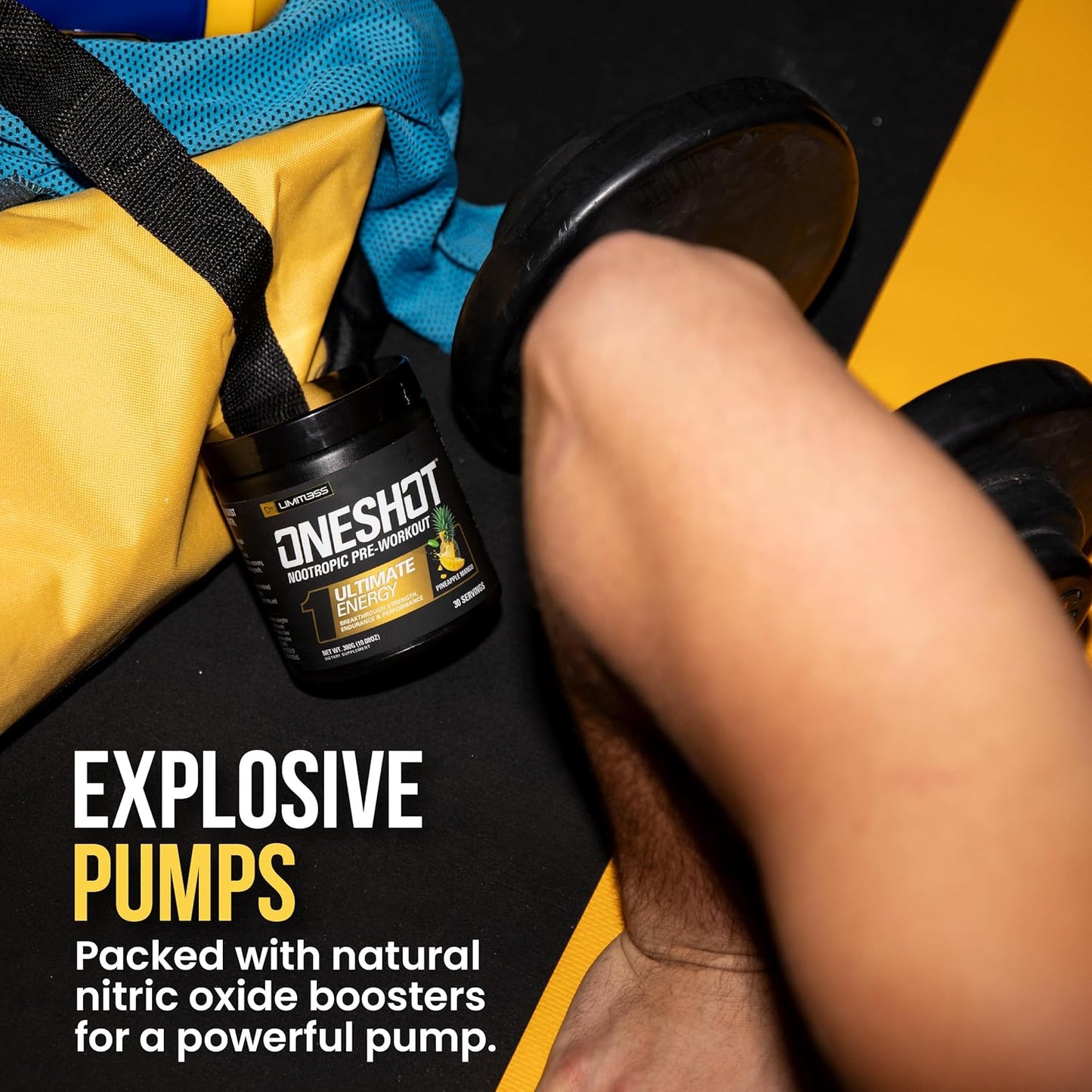 LIMITLESS X ONESHOT Pre Workout Powder - BCAAs Amino Acids Supplement with 200mg Caffeine, Beta Alanine, and Citrulline Malate - Pineapple Mango Flavor - 30 Servings for Men and Women