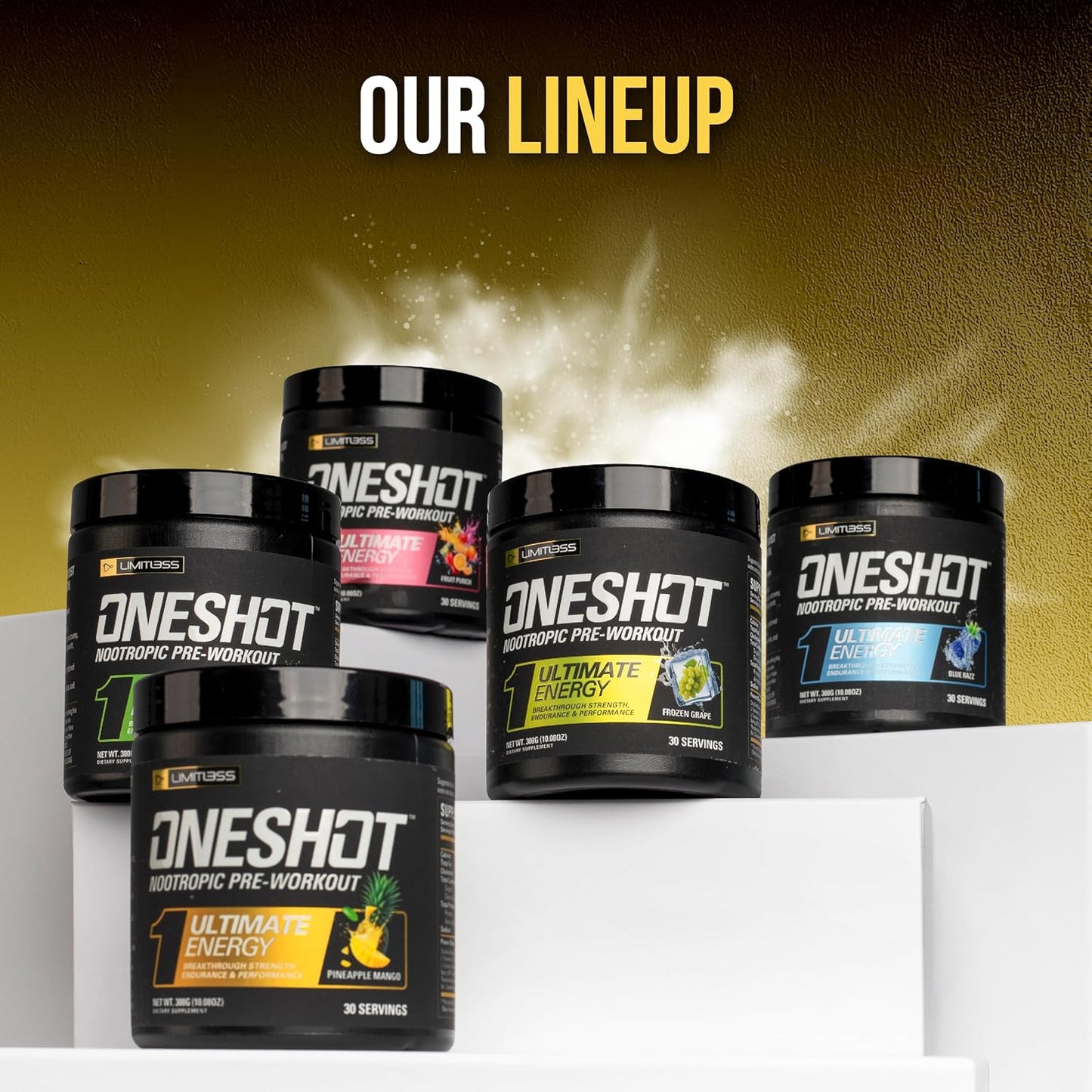 LIMITLESS X ONESHOT Pre Workout Powder - BCAAs Amino Acids Supplement with 200mg Caffeine, Beta Alanine, and Citrulline Malate - Pineapple Mango Flavor - 30 Servings for Men and Women