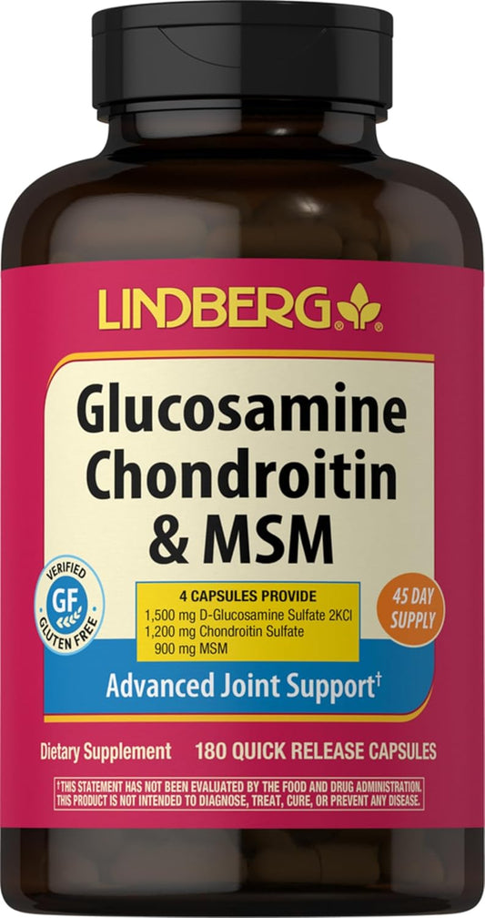 Lindberg Glucosamine Chondroitin MSM Capsules | 180 Count | Advanced Joint Support | Non-GMO, Gluten Free