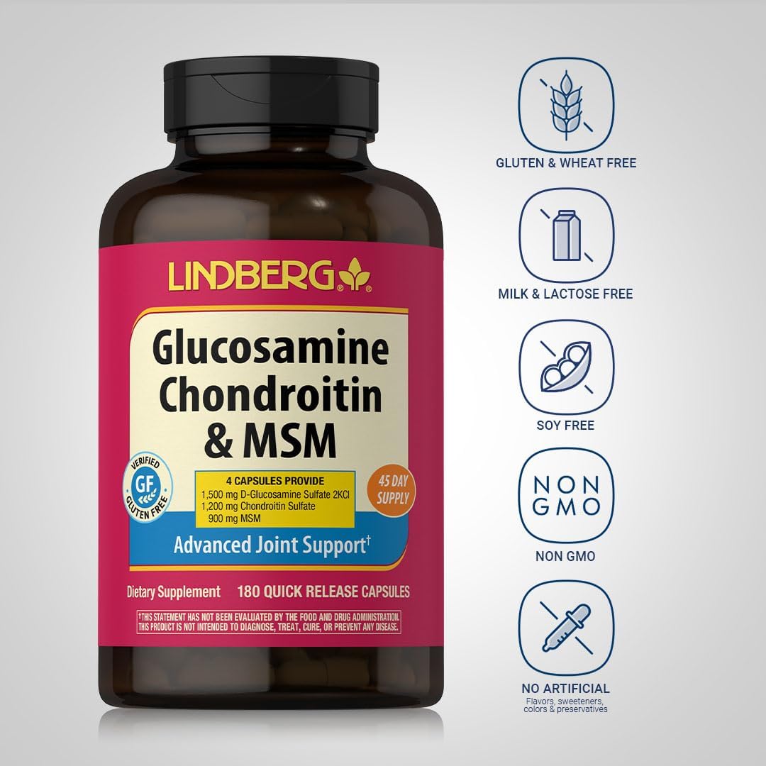 Lindberg Glucosamine Chondroitin MSM Capsules | 180 Count | Advanced Joint Support | Non-GMO, Gluten Free