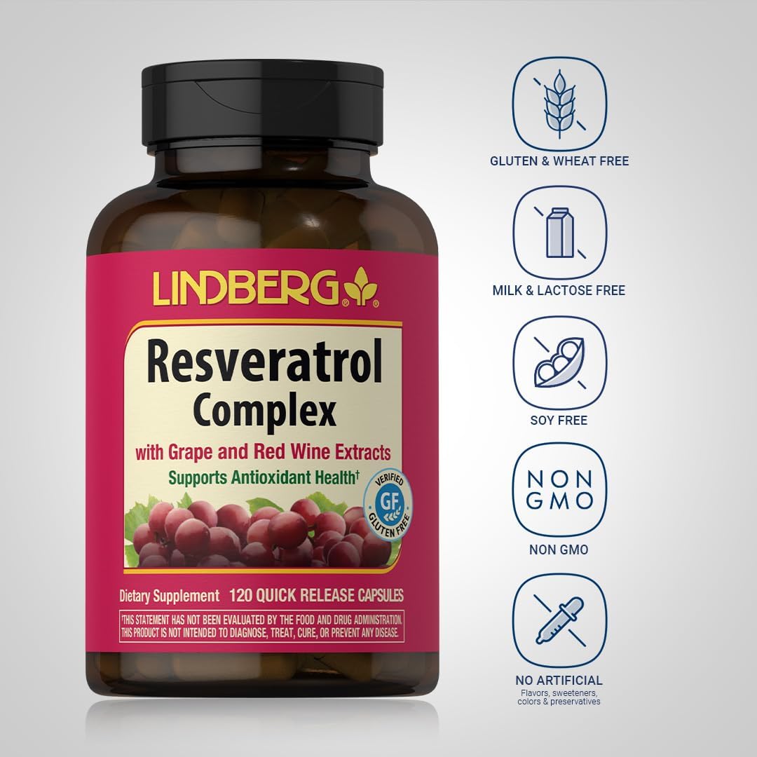 Lindberg Resveratrol Capsules 100mg - 120 Count | Grape Seed & Red Wine Extracts | Non-GMO, Gluten Free