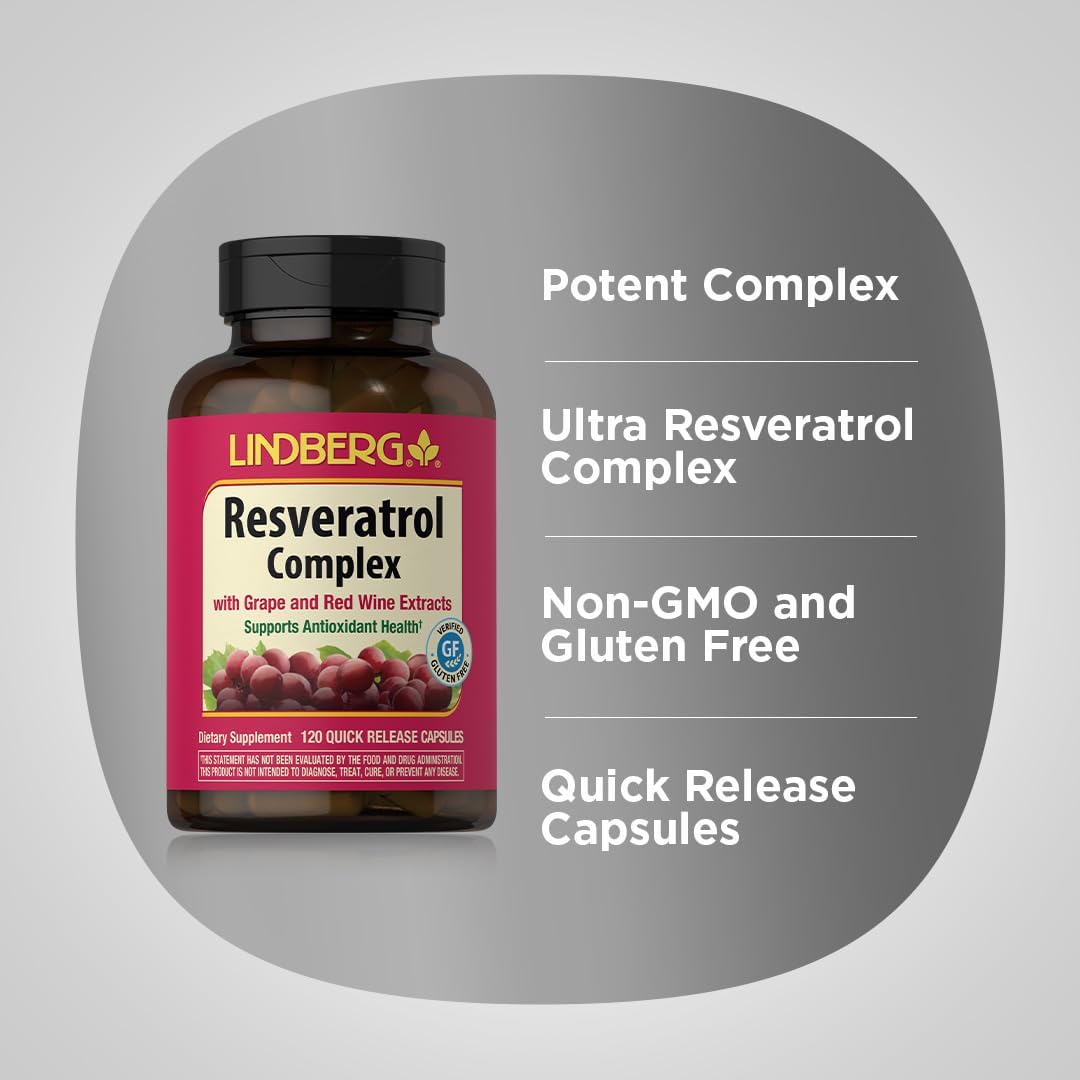 Lindberg Resveratrol Capsules 100mg - 120 Count | Grape Seed & Red Wine Extracts | Non-GMO, Gluten Free