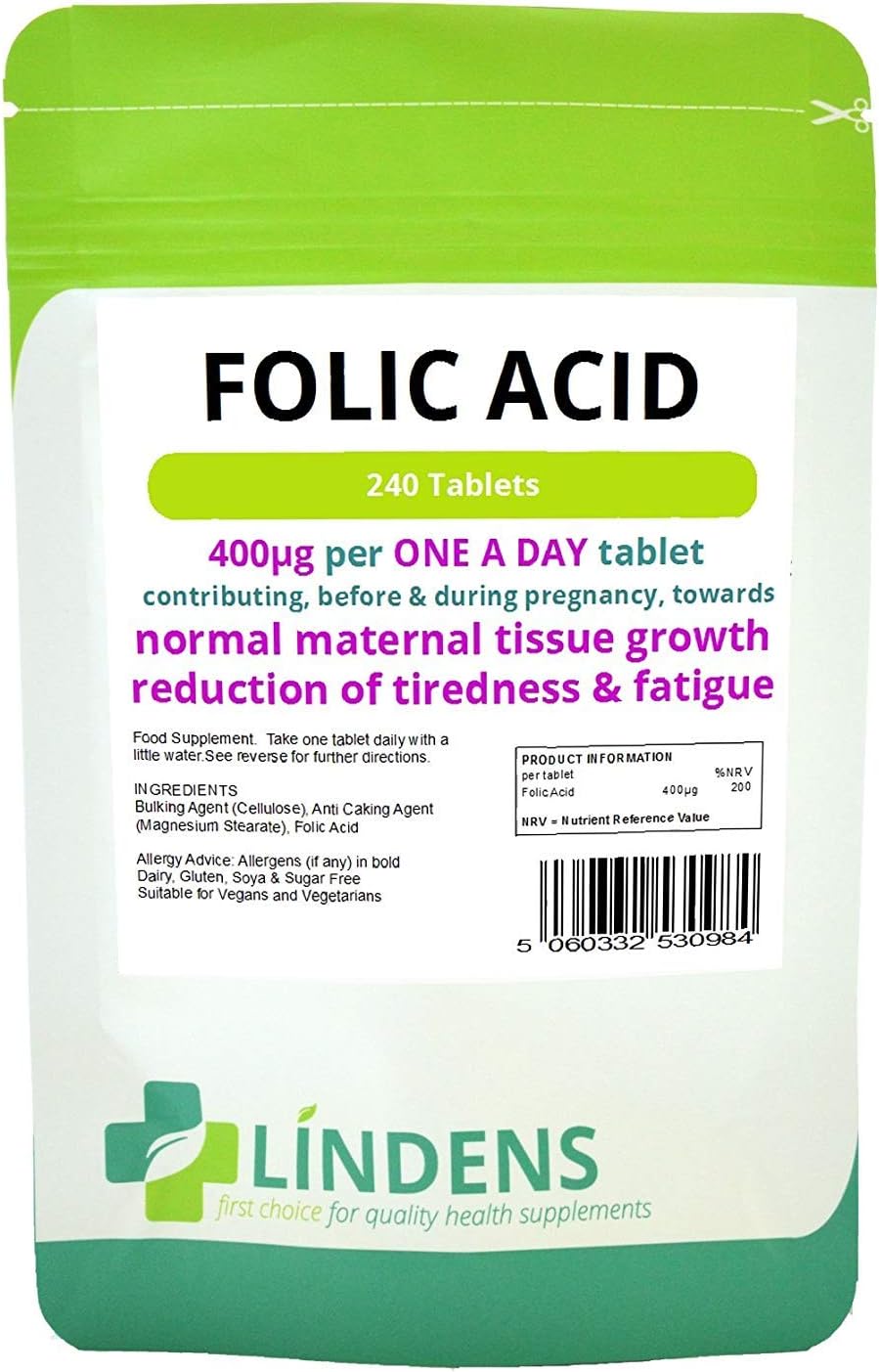 Lindens Folic Acid Tablets 2-Pack - 400mcg, 480 Tablets, One-A-Day Vitamin B-9 Supplement