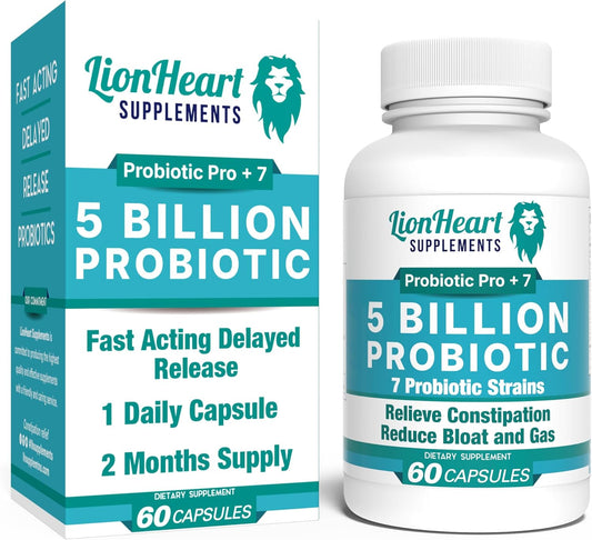 LionHeart Supplements Probiotic for Regular Bowel Movements - IBS & Constipation Relief - 60 Capsules for Men and Women
