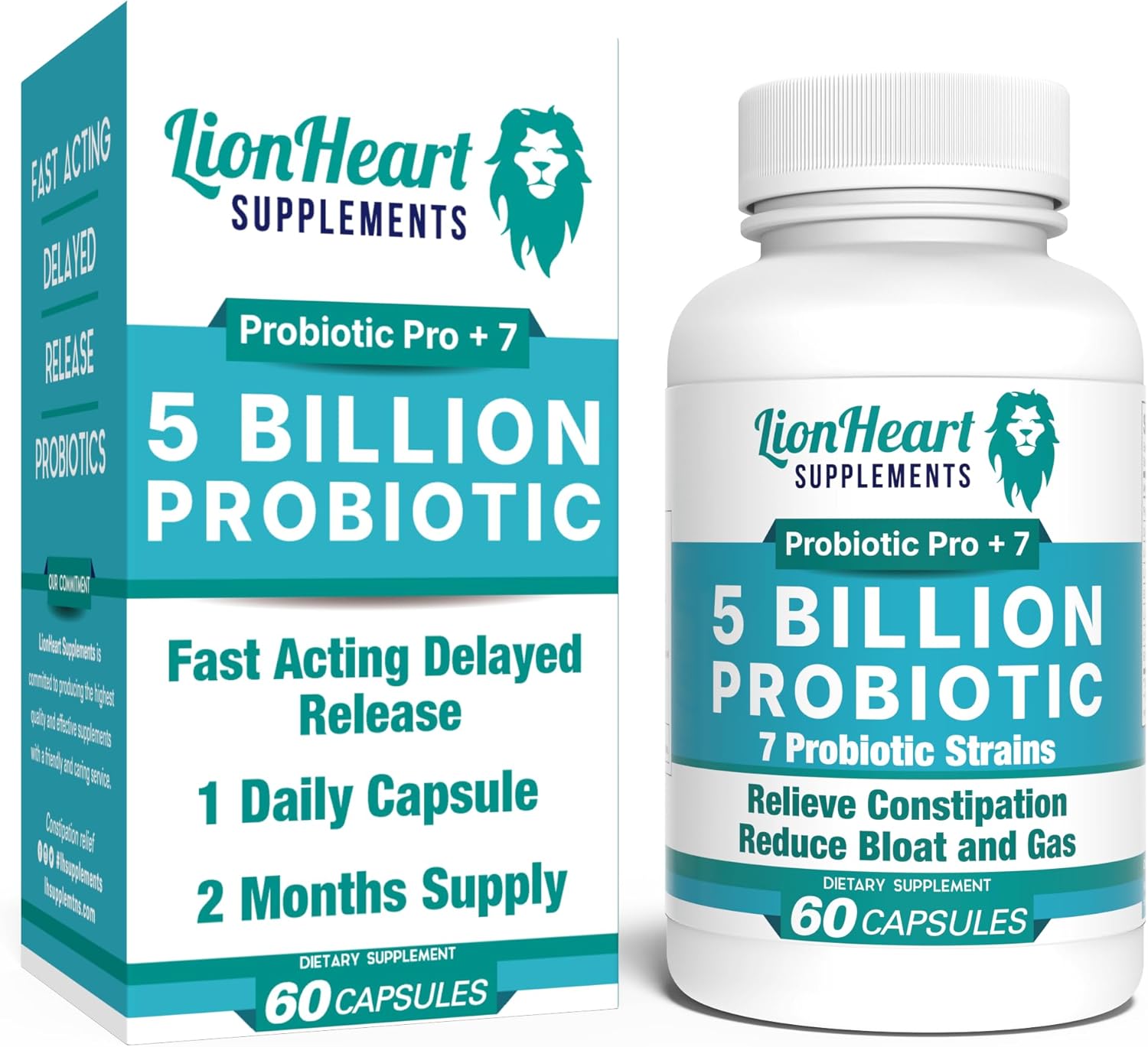 LionHeart Supplements Probiotic for Regular Bowel Movements - IBS & Constipation Relief - 60 Capsules for Men and Women