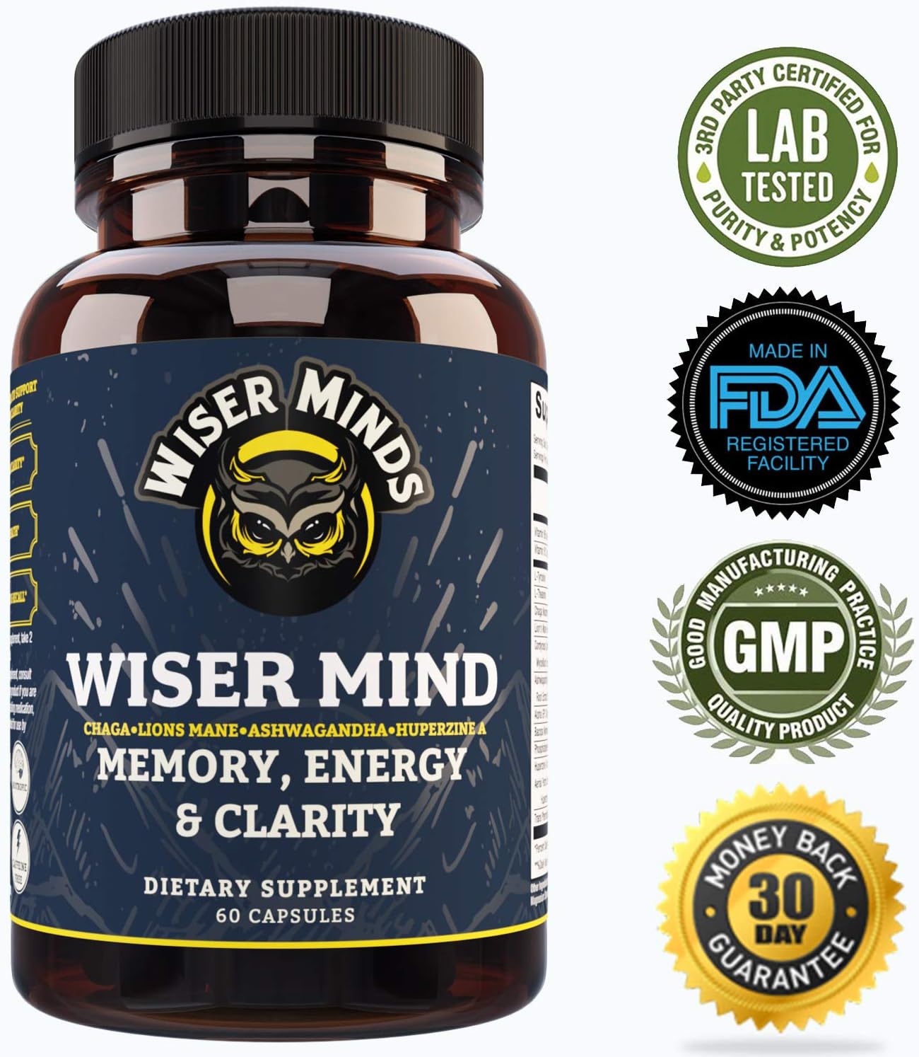 Lions Mane Ashwagandha Nootropic Supplement for Memory, Focus, Mental Clarity from Wiser Minds