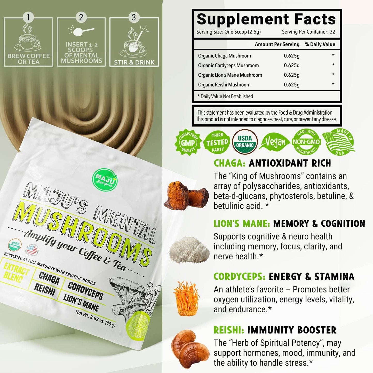 Lion's Mane Capsules and Mental Mushrooms Powder Bundle by Maju Superfoods