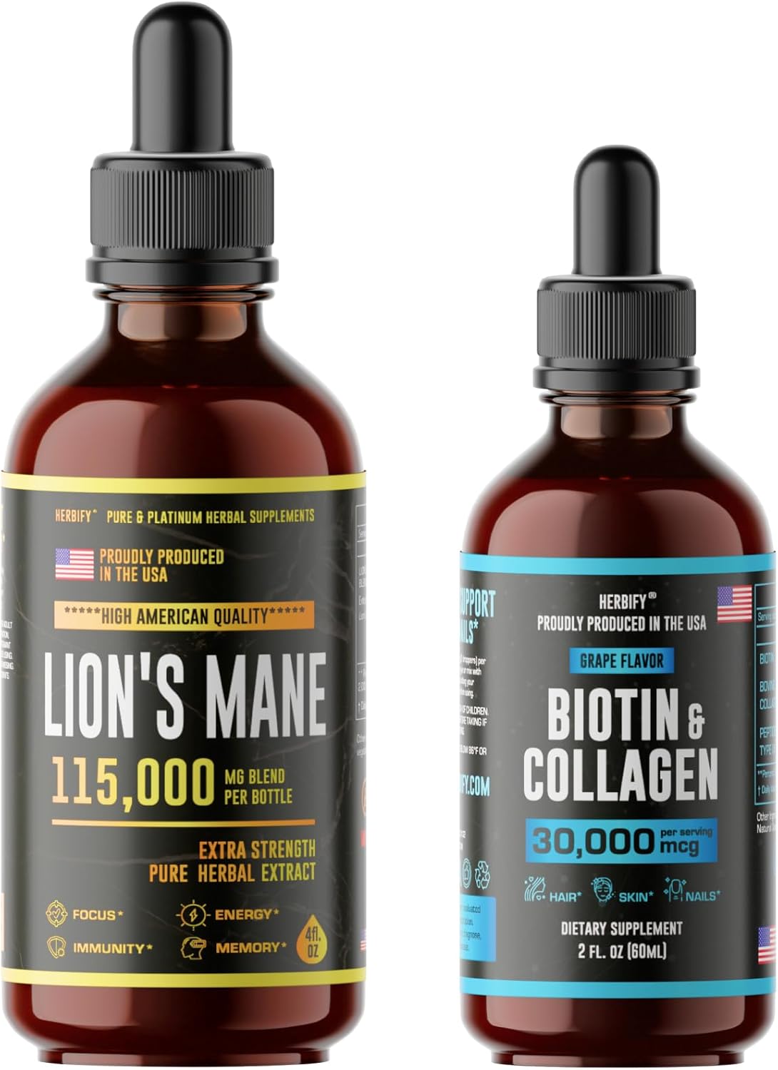 Lions Mane Drops & Biotin and Collagen Bundle for Brain, Hair, Skin & Nails Support by HERBIFY