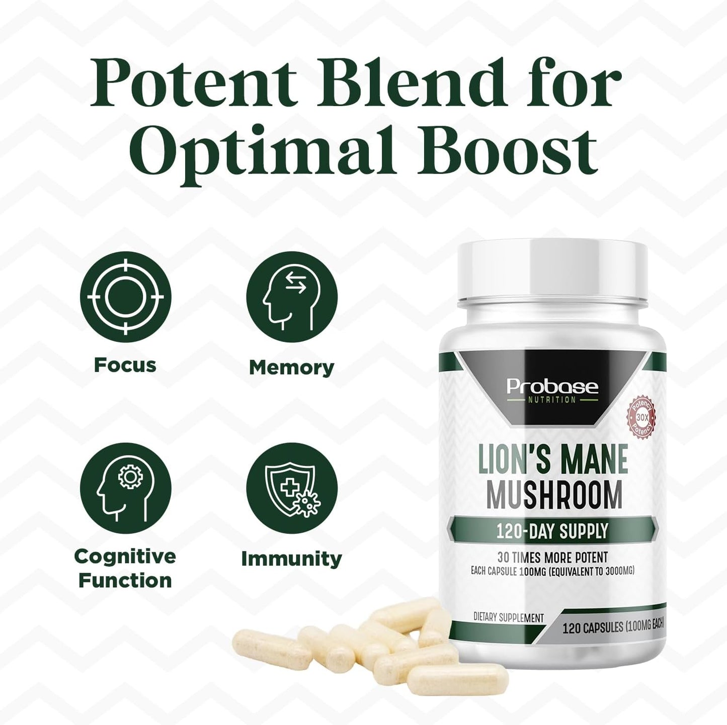 Lions Mane Mushroom Supplement Capsules - 30x Potency Extract - 4 Month Supply - 120 Count
