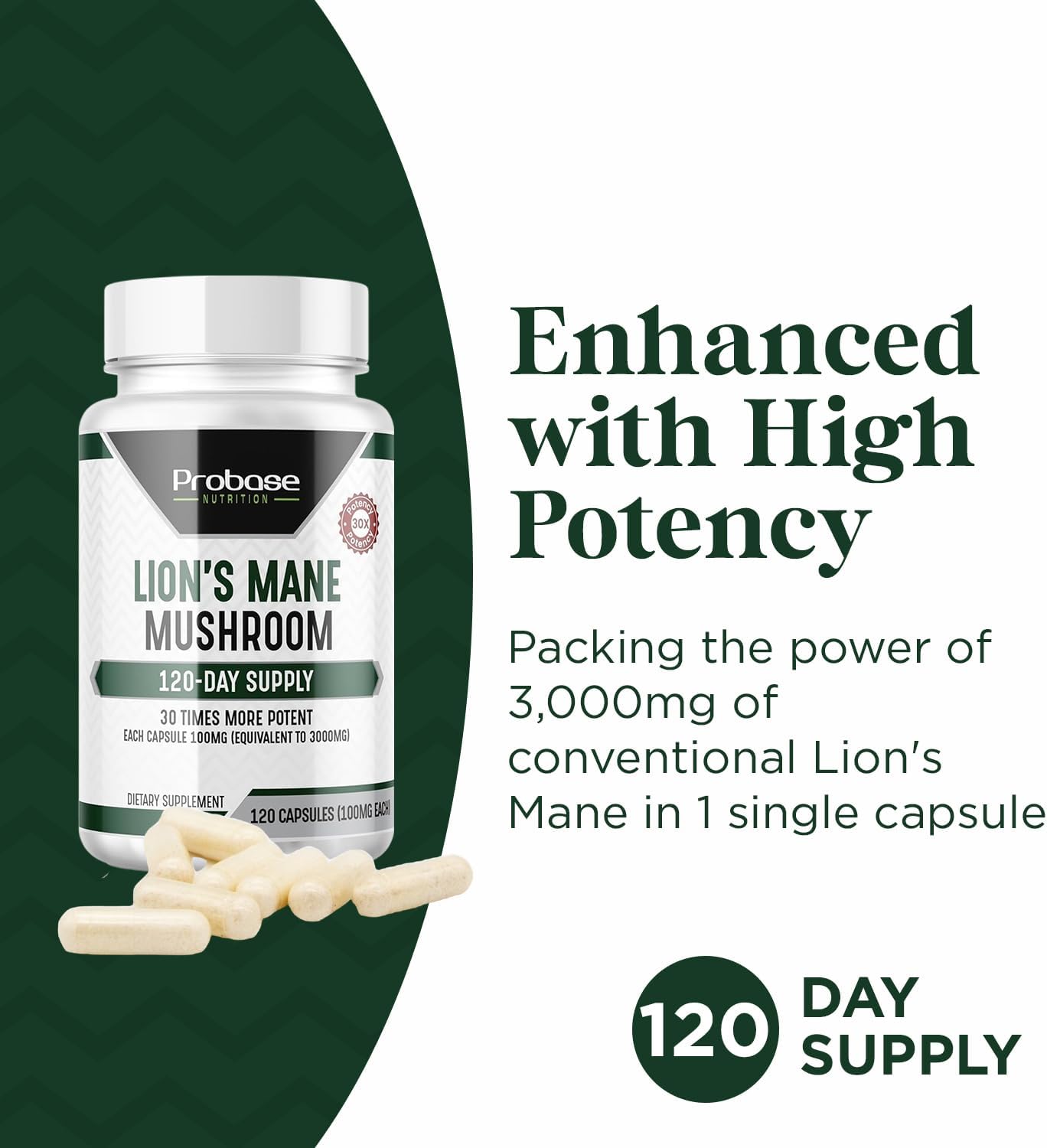 Lions Mane Mushroom Supplement Capsules - 30x Potency Extract - 4 Month Supply - 120 Count