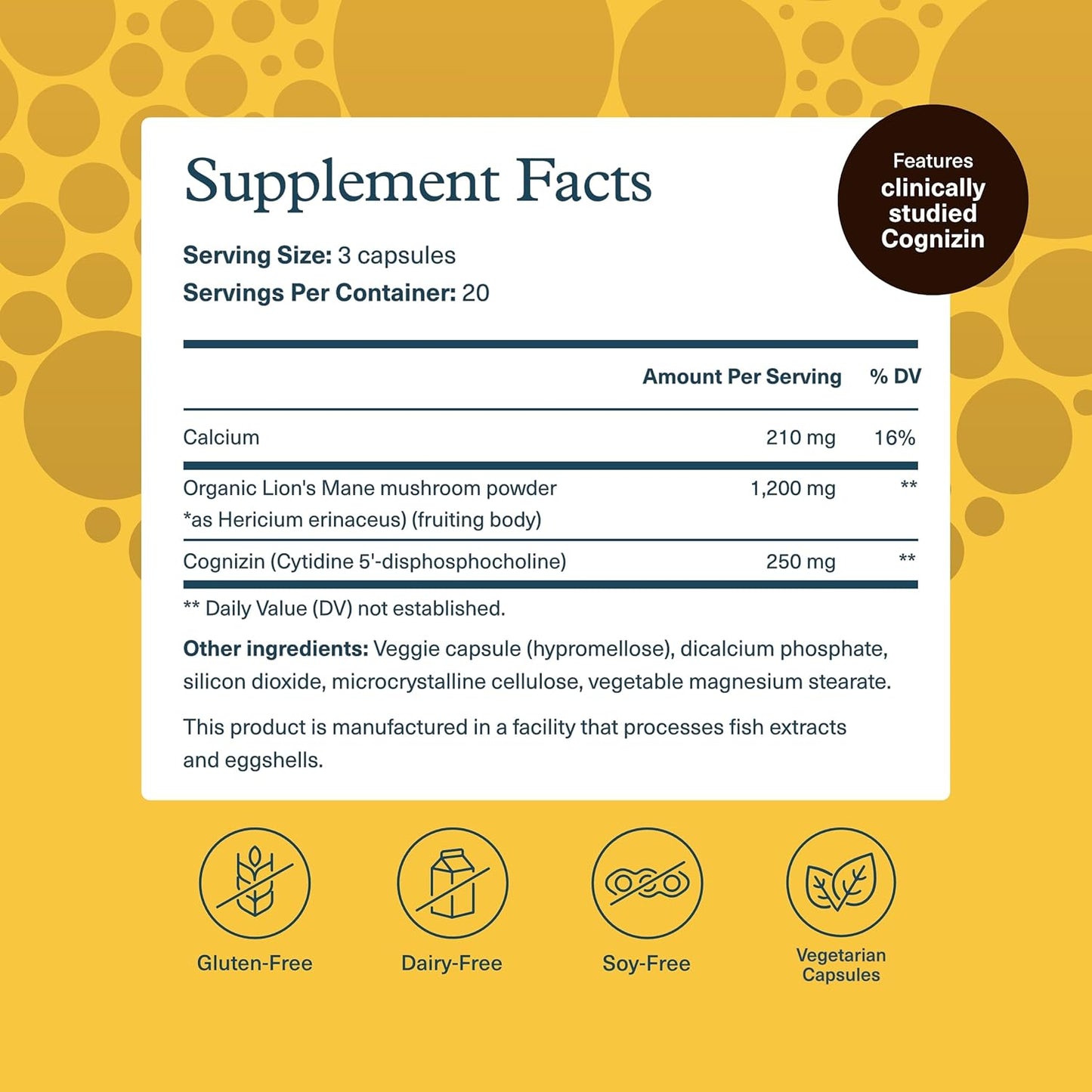 Lion's Mane Plus Mushroom Supplement with Cognizin - Promotes Focus & Brain Health - 60 Capsules
