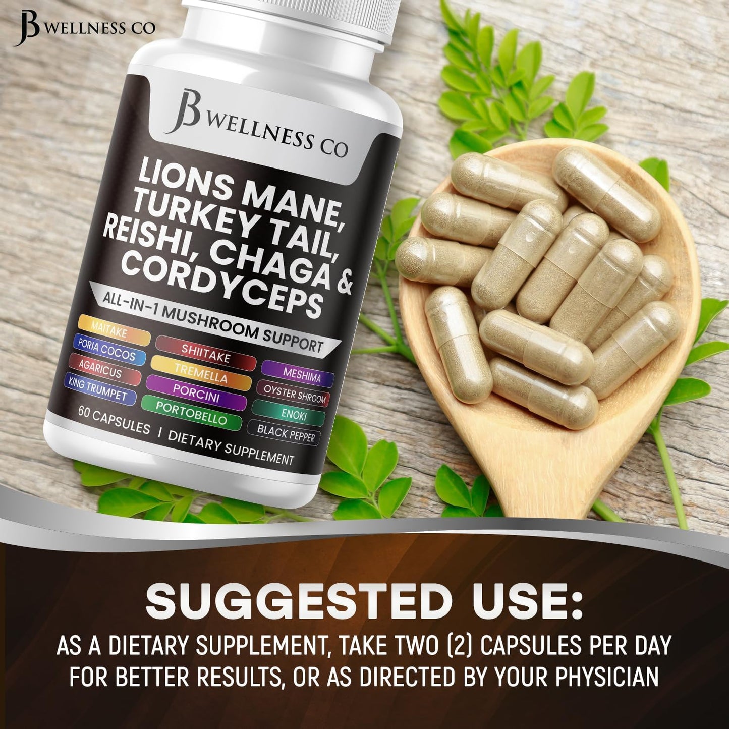 Lions Mane & Turkey Tail Mushroom Supplement for Cognitive & Immune Support - 60 Count
