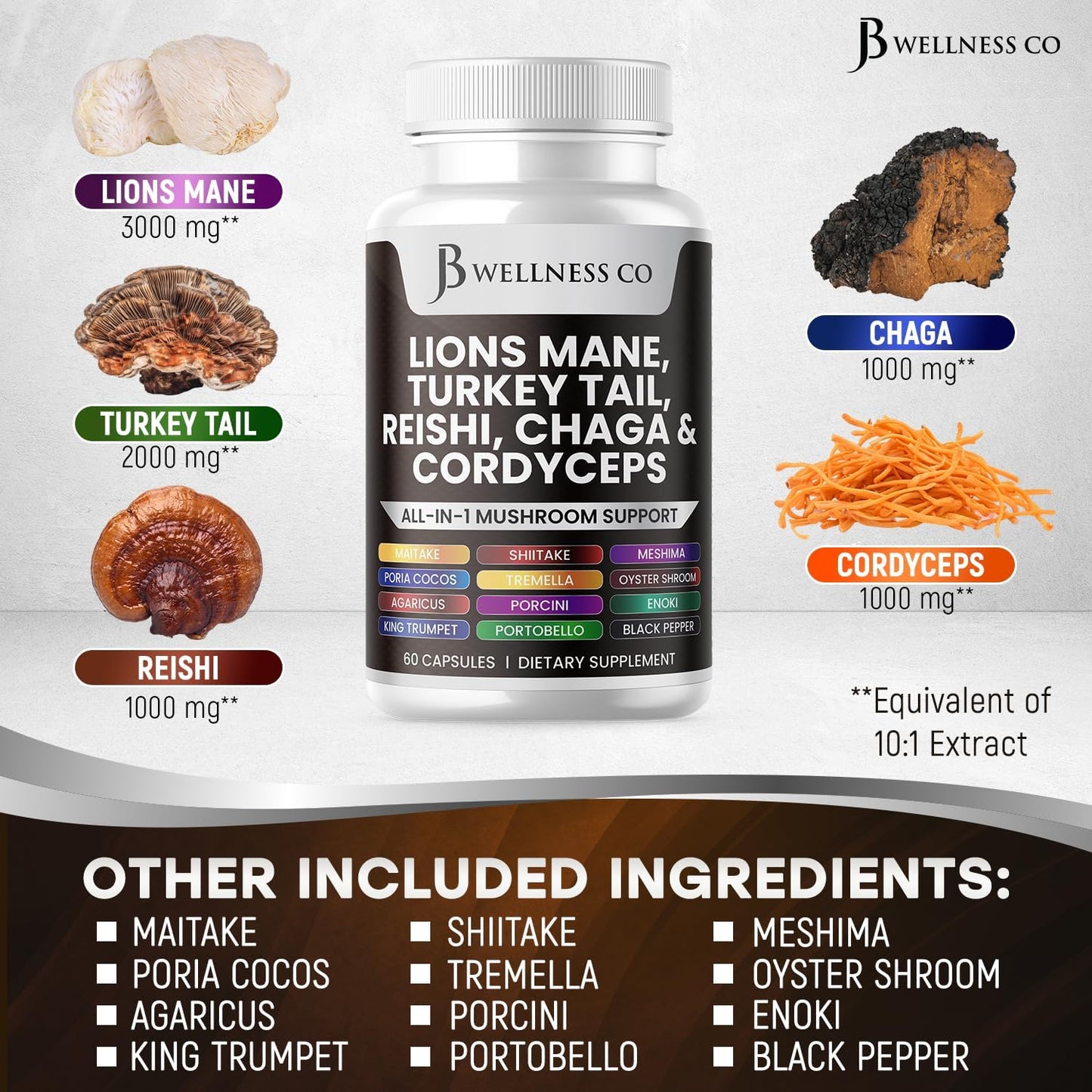 Lions Mane & Turkey Tail Mushroom Supplement for Cognitive & Immune Support - 60 Count