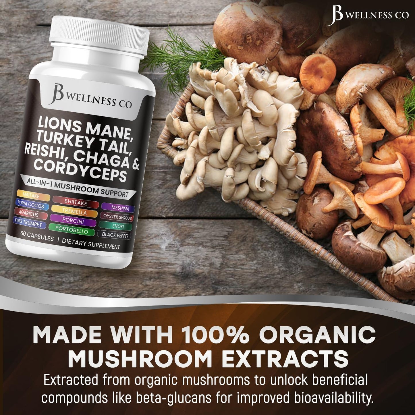 Lions Mane & Turkey Tail Mushroom Supplement for Cognitive & Immune Support - 60 Count