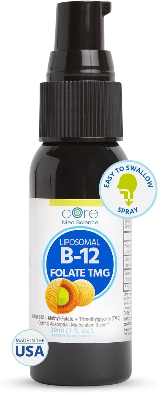 Liposomal B12 Folate TMG Liquid Spray - Mood, Cognitive, & Heart Health Support - Vitamin B9 & Betaine Supplement for Women & Men - 1 Fl Oz