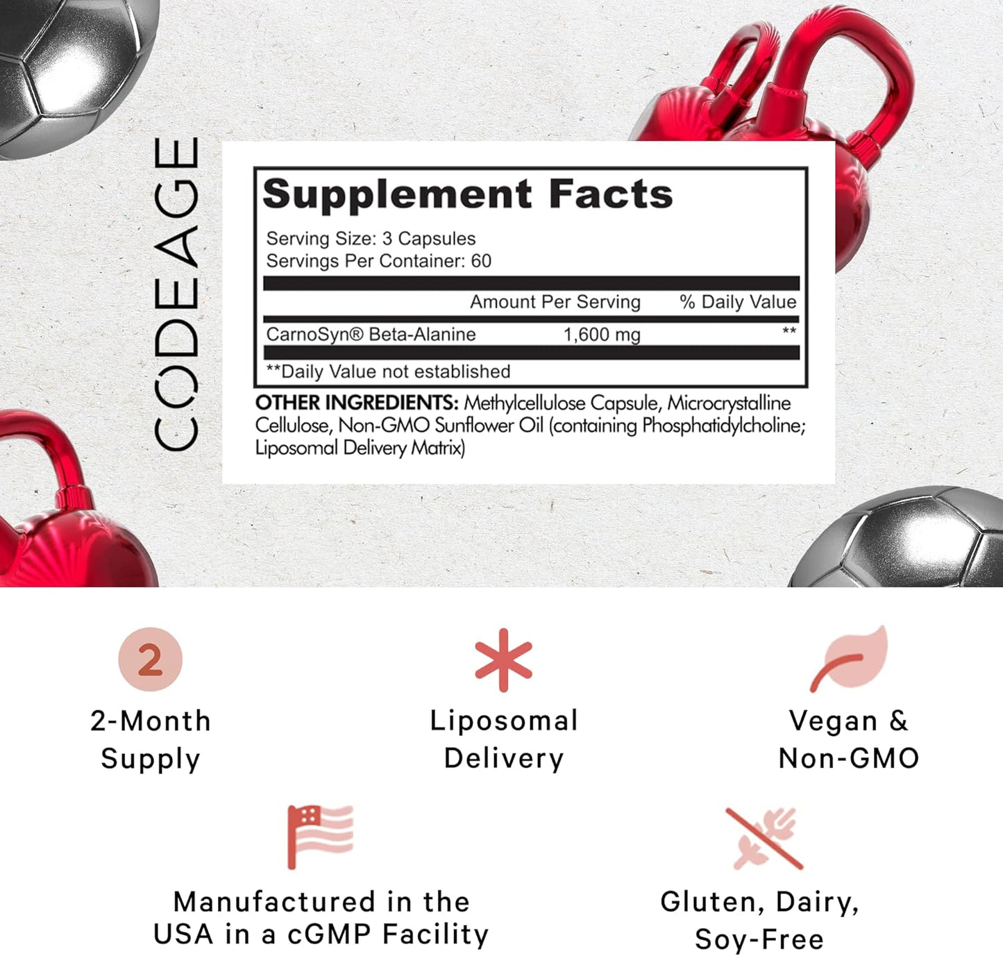 Liposomal Beta-Alanine Supplement 180 Capsules - CarnoSyn B-Alanine - Non-GMO - 2-Month Supply for Pre and Post Workout