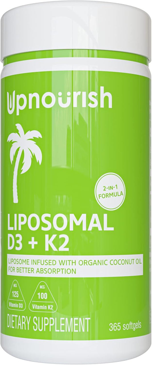 Liposomal D3 & K2 MK-7 Supplements for Bone and Immune Health, 5000 IU D3, 125 mcg K2, Organic Coconut Oil, 365 Softgels