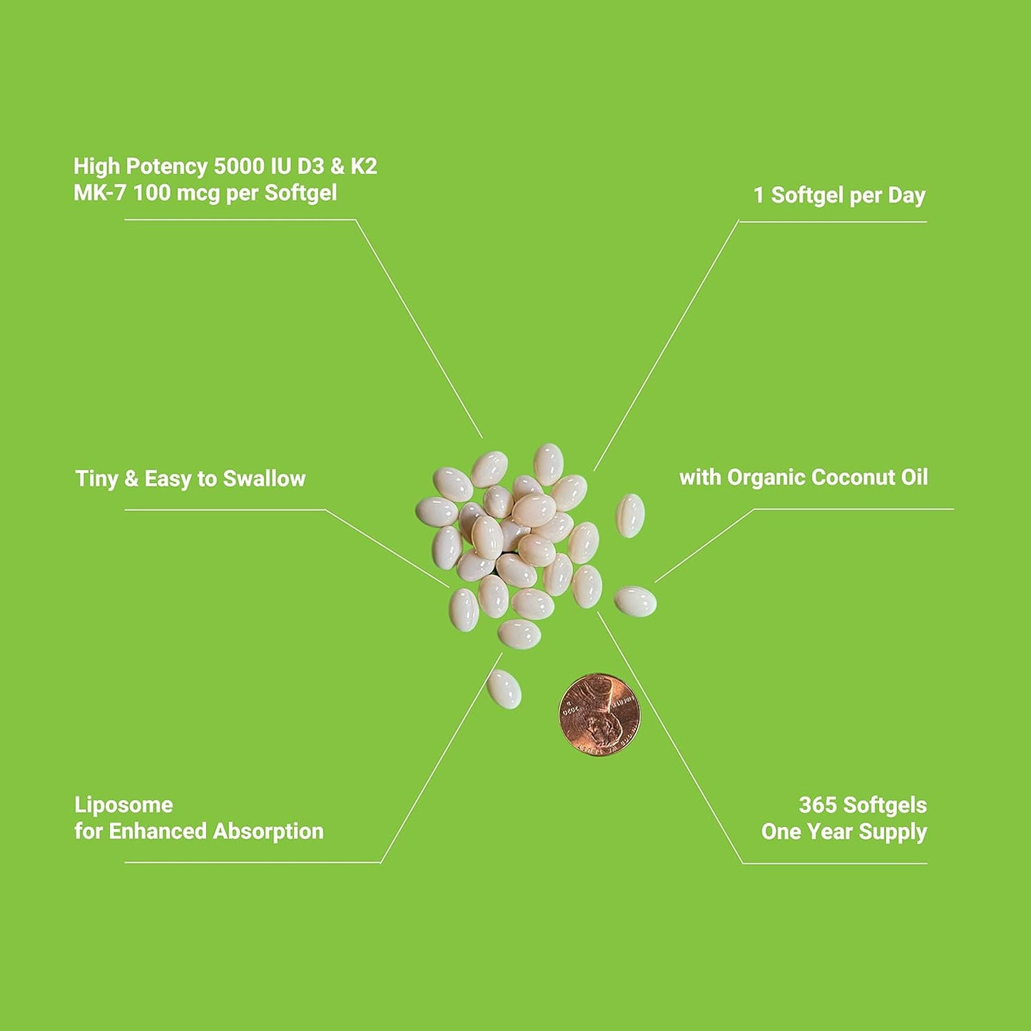 Liposomal D3 & K2 MK-7 Supplements for Bone and Immune Health, 5000 IU D3, 125 mcg K2, Organic Coconut Oil, 365 Softgels