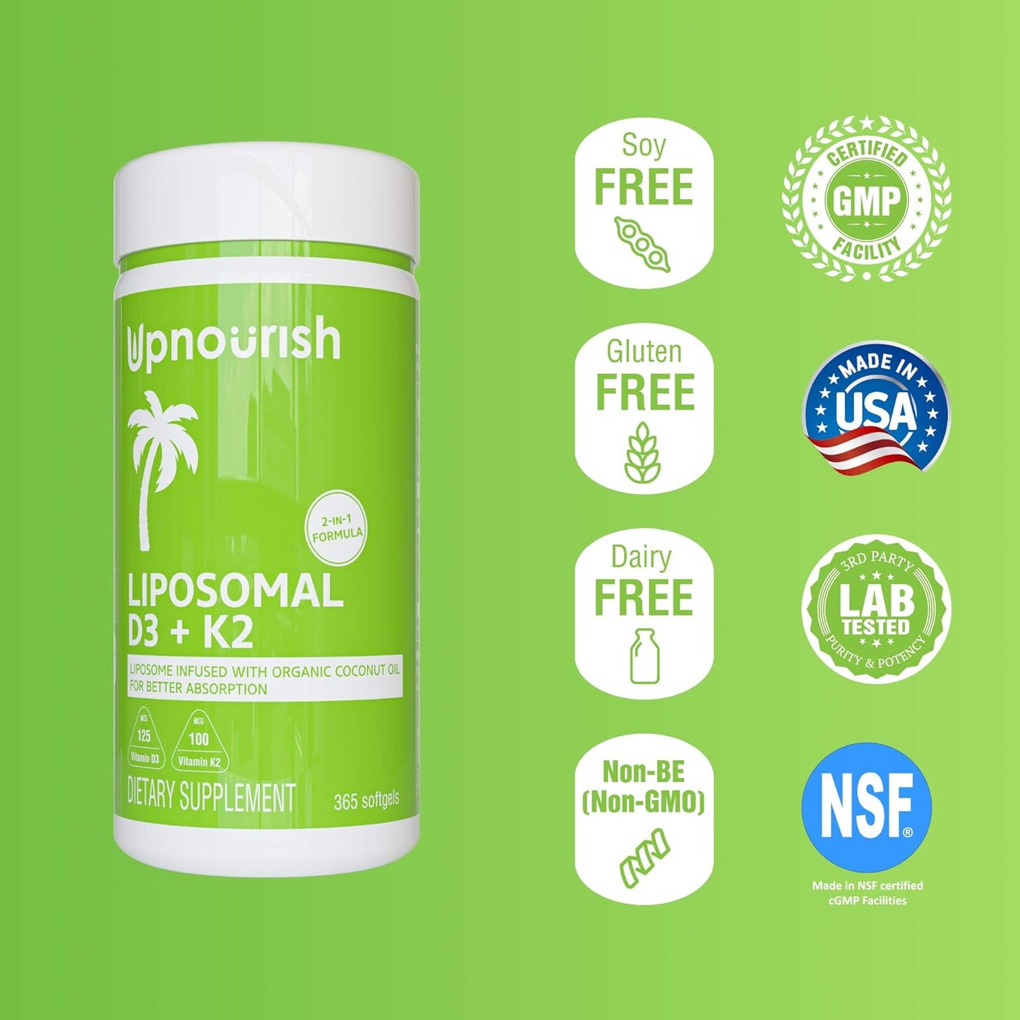 Liposomal D3 & K2 MK-7 Supplements for Bone and Immune Health, 5000 IU D3, 125 mcg K2, Organic Coconut Oil, 365 Softgels
