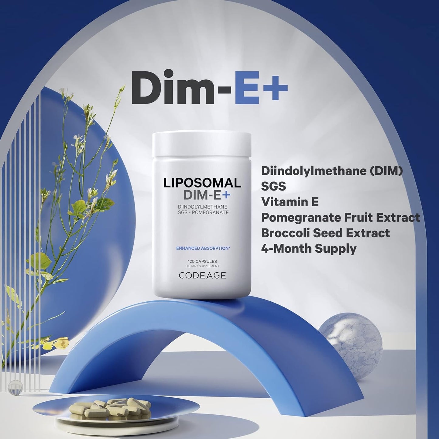 Liposomal DIM Supplement with SGS, Pomegranate, Broccoli, Vitamin E - 4 Month Supply - Gluten-Free - 120 Capsules