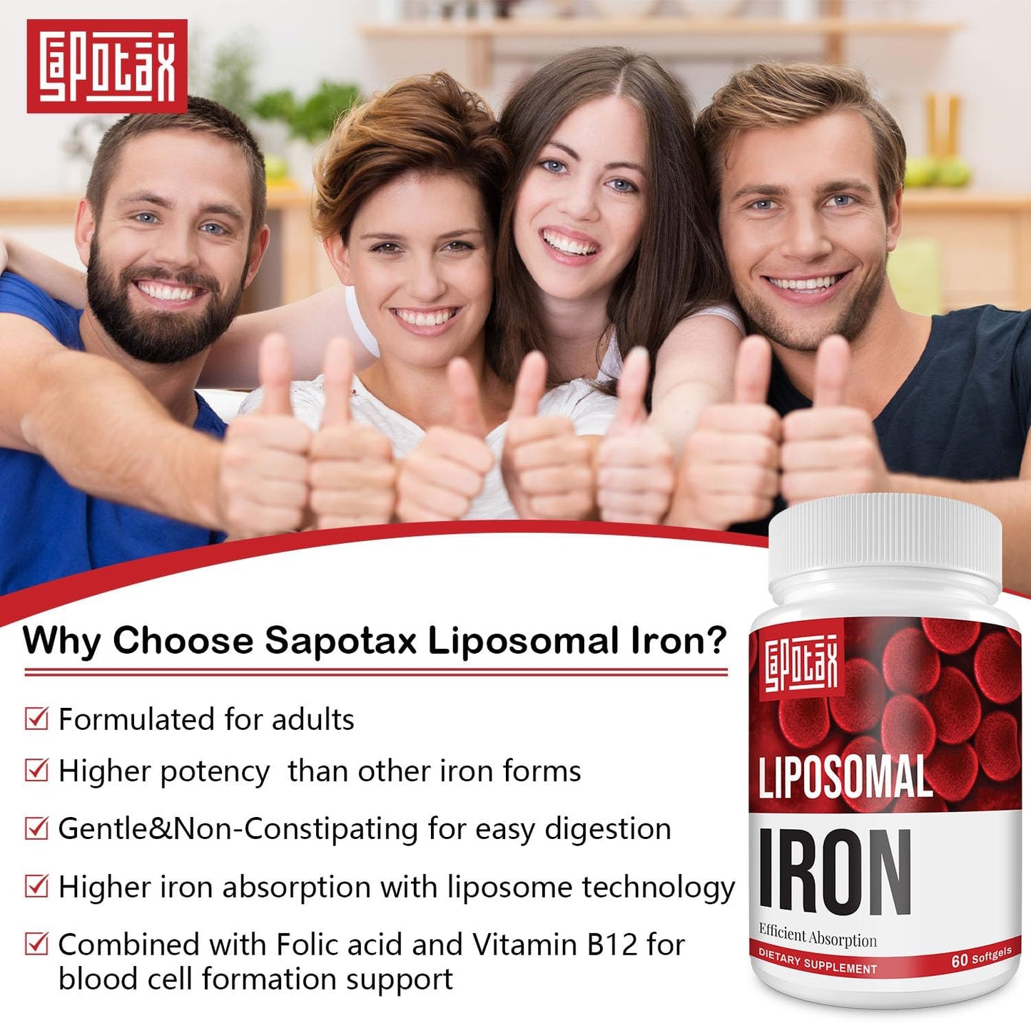 Liposomal Fe Iron Supplement for Women & Men - 65mg with Folic Acid & Vitamin B12 - Red Blood Cell Production & Energy Support - 60 Softgels - 2 Bottles