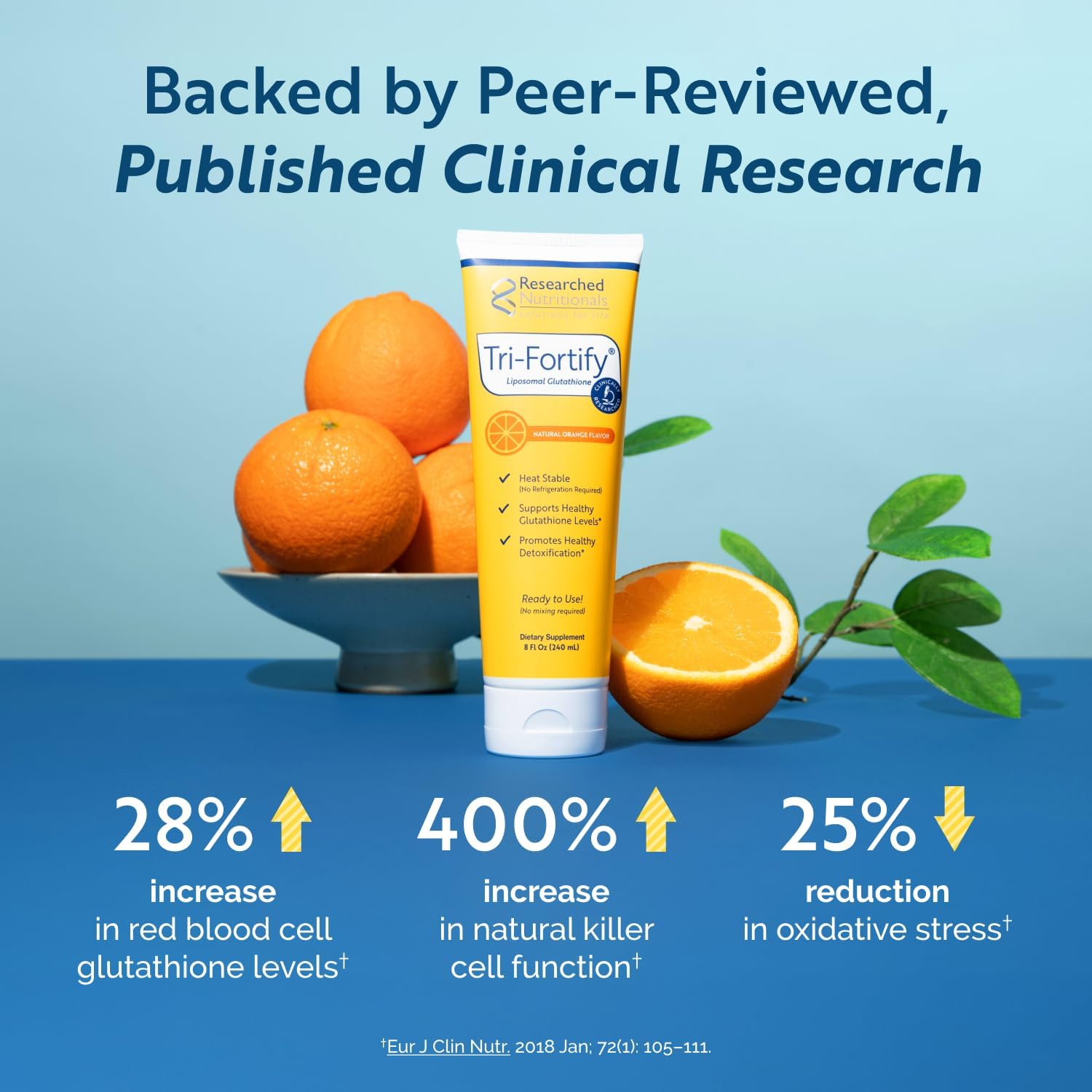 Liposomal Glutathione Liquid Gel + Vitamin C - Tri-Fortify - Boost Natural Energy, Immunity & Detox - Clinically Researched - Orange - 8 Fl Oz