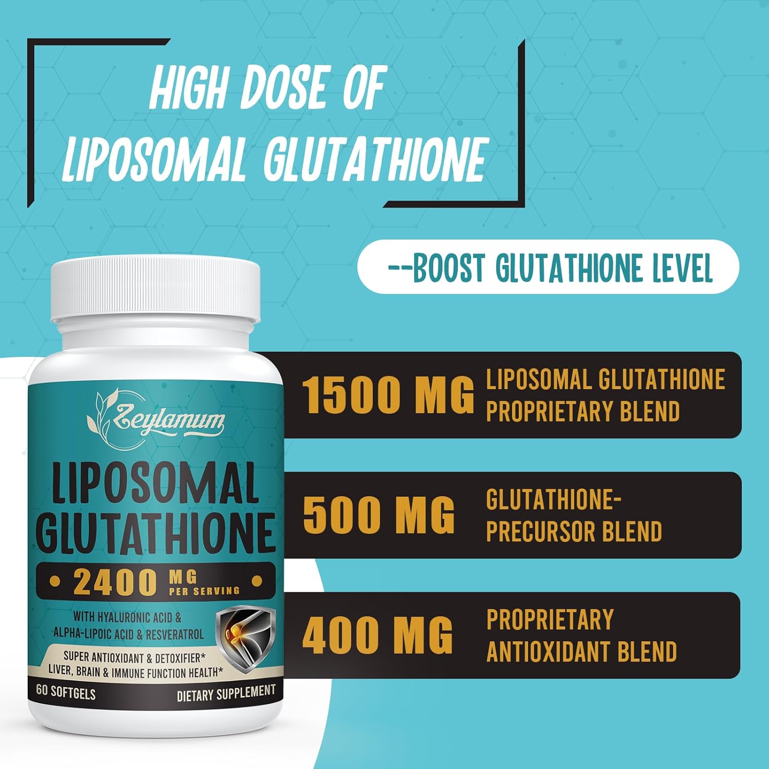 Liposomal Glutathione Softgels 2400 MG - High Absorption Formula with Hyaluronic Acid, Resveratrol, and Antioxidants - 600 Softgels for Detox and Immune Support