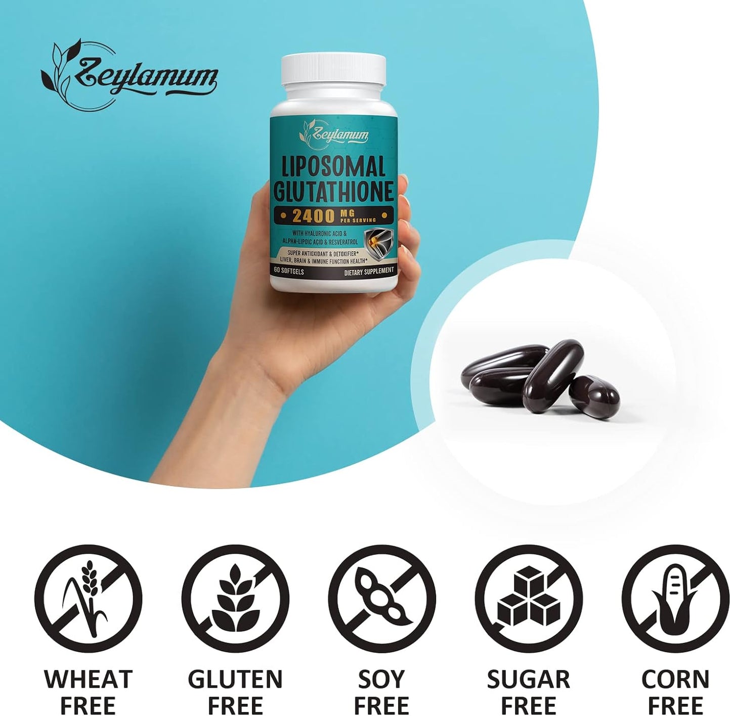 Liposomal Glutathione Softgels 2400 MG - High Absorption Formula with Hyaluronic Acid, Resveratrol, and Antioxidants - 600 Softgels for Detox and Immune Support