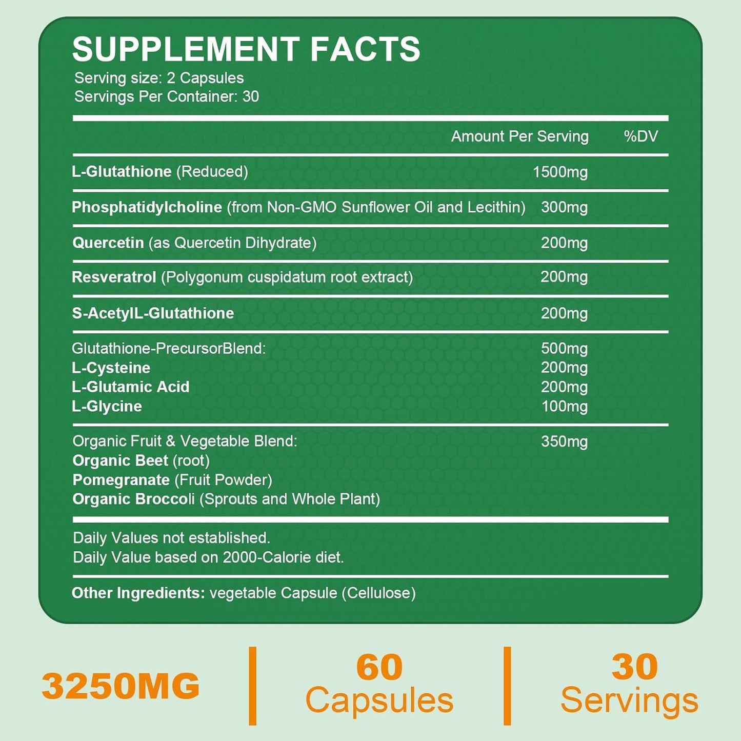 Liposomal Glutathione Supplement with Resveratrol & Quercetin, 3250 MG Antioxidant Capsules for Immune Support, Gluten Free & Non-GMO - 120 Count