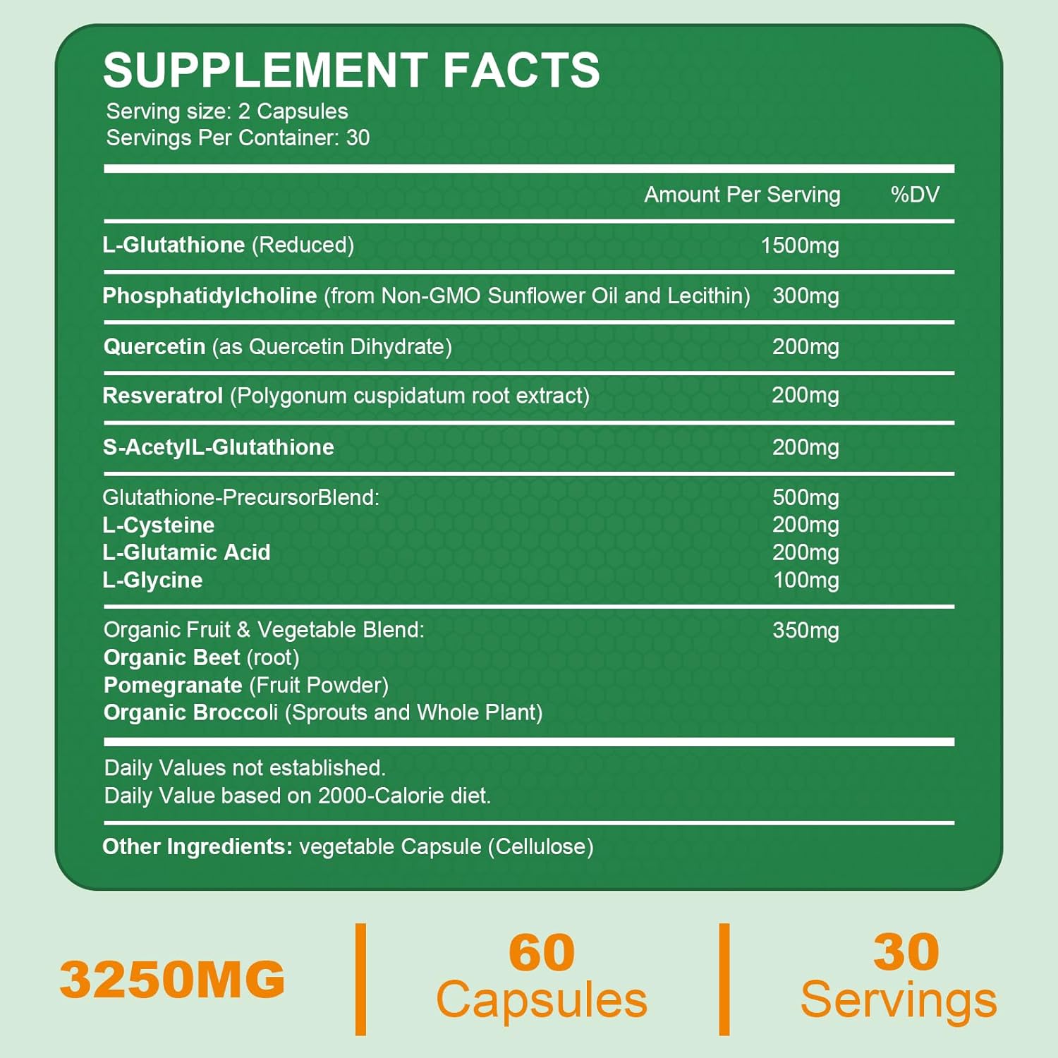 Liposomal Glutathione Supplement with Resveratrol & Quercetin, 3250 MG Antioxidant Capsules for Immune Support, Gluten Free & Non-GMO - 120 Count