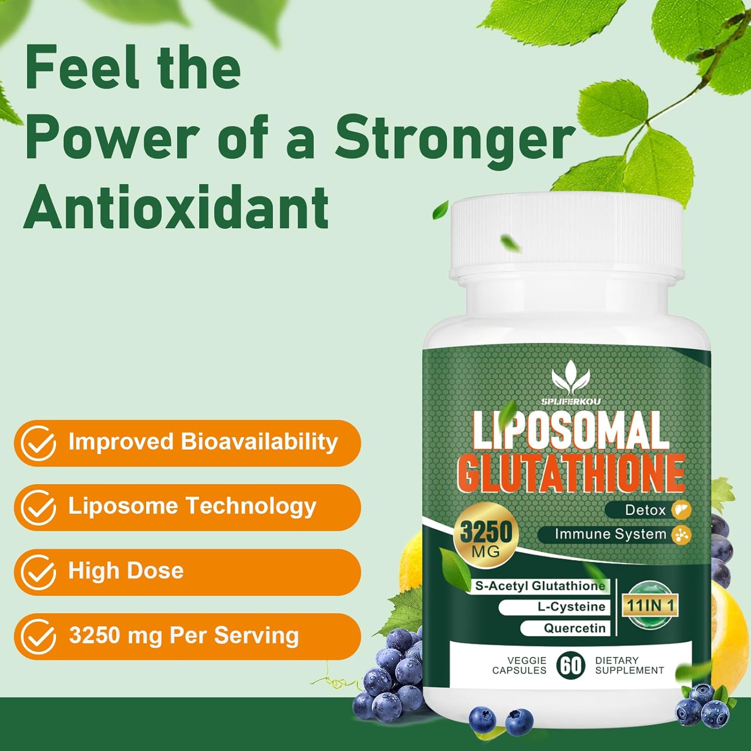 Liposomal Glutathione Supplement with Resveratrol & Quercetin, 3250 MG Antioxidant Capsules for Immune Support, Gluten Free & Non-GMO - 120 Count