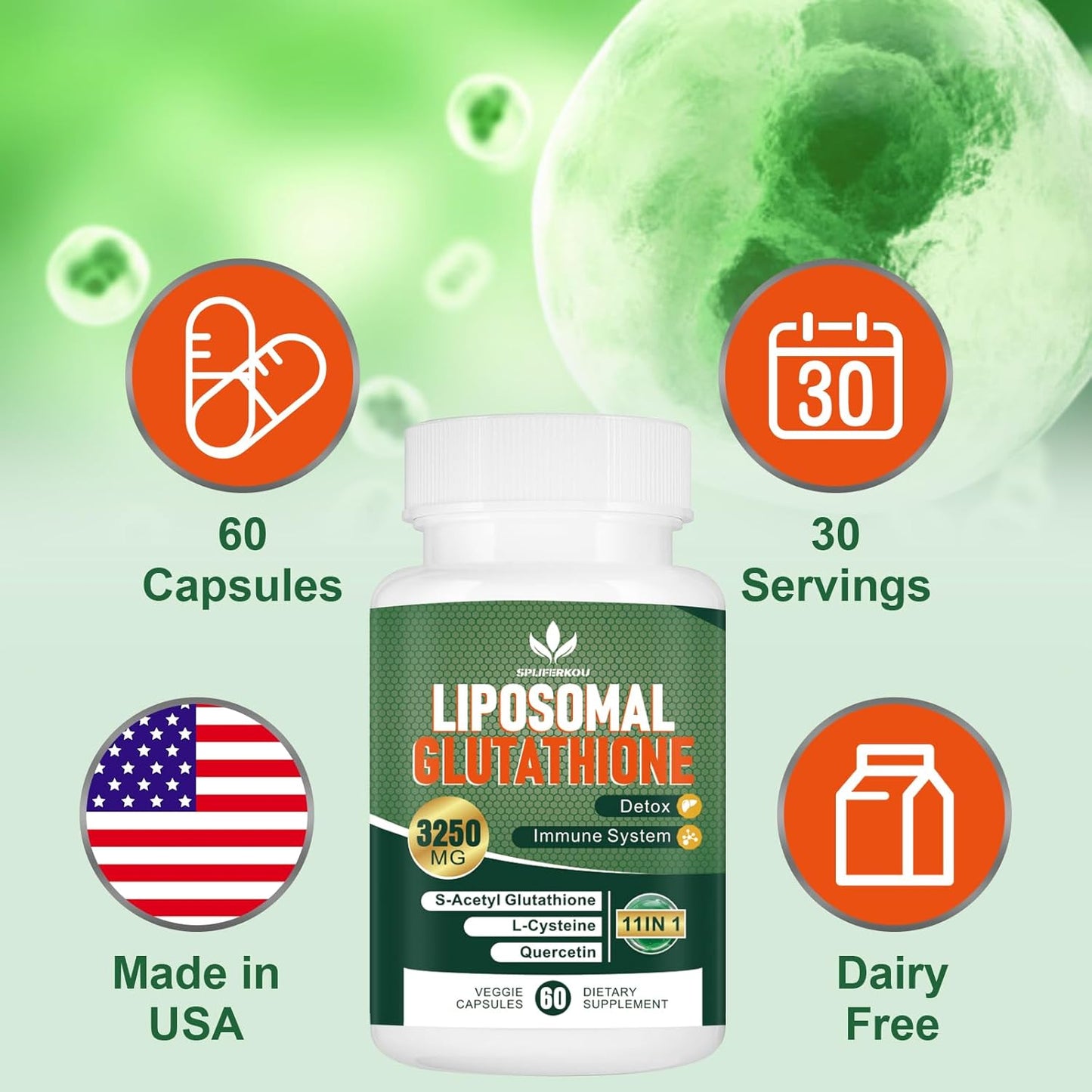 Liposomal Glutathione Supplement with Resveratrol & Quercetin, 3250 MG Antioxidant Capsules for Immune Support, Gluten Free & Non-GMO - 120 Count