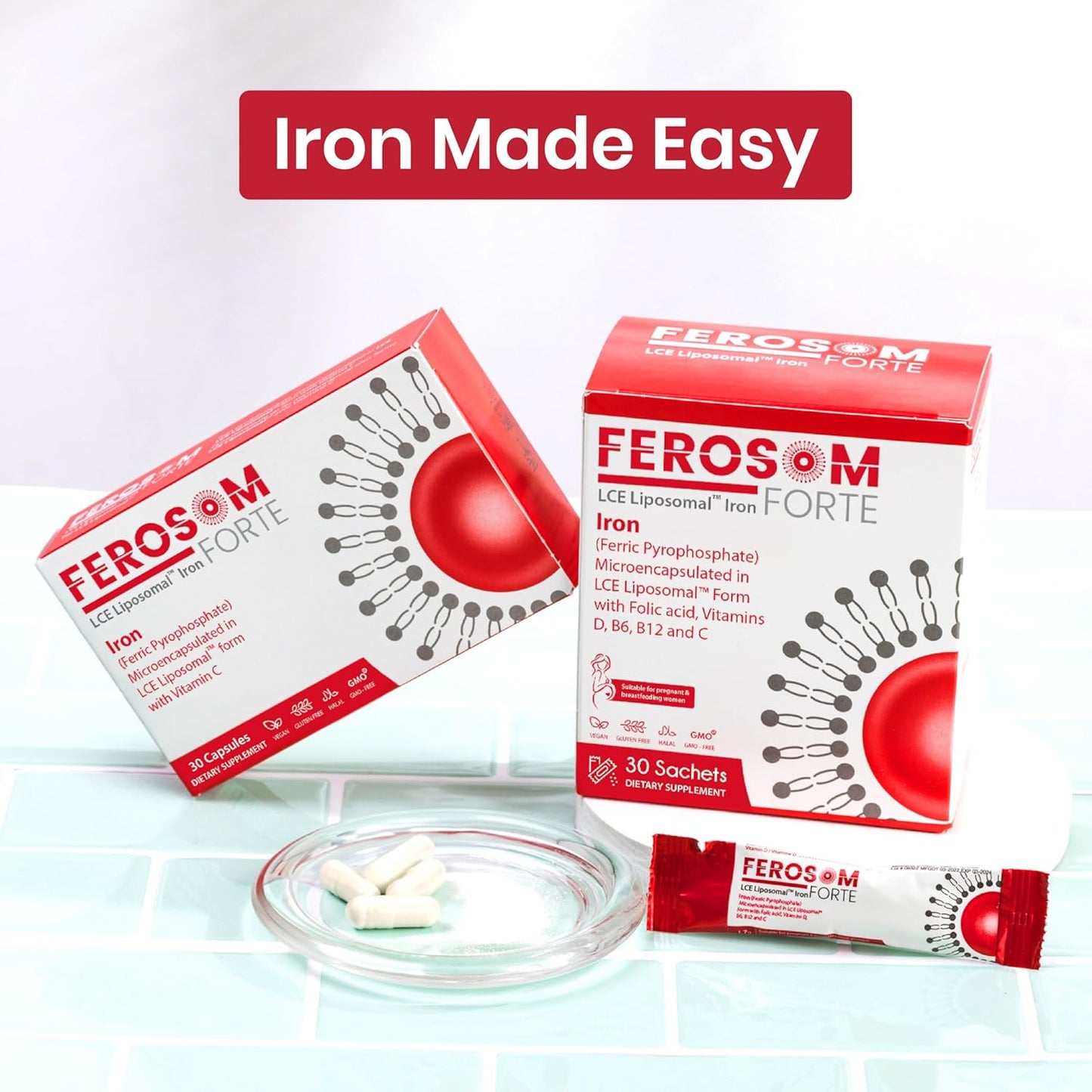 Liposomal Iron Supplement Capsules with Vitamin C - Gentle on Stomach - 30 Vegan Capsules - Easy to Swallow Iron Pills for Women and Men