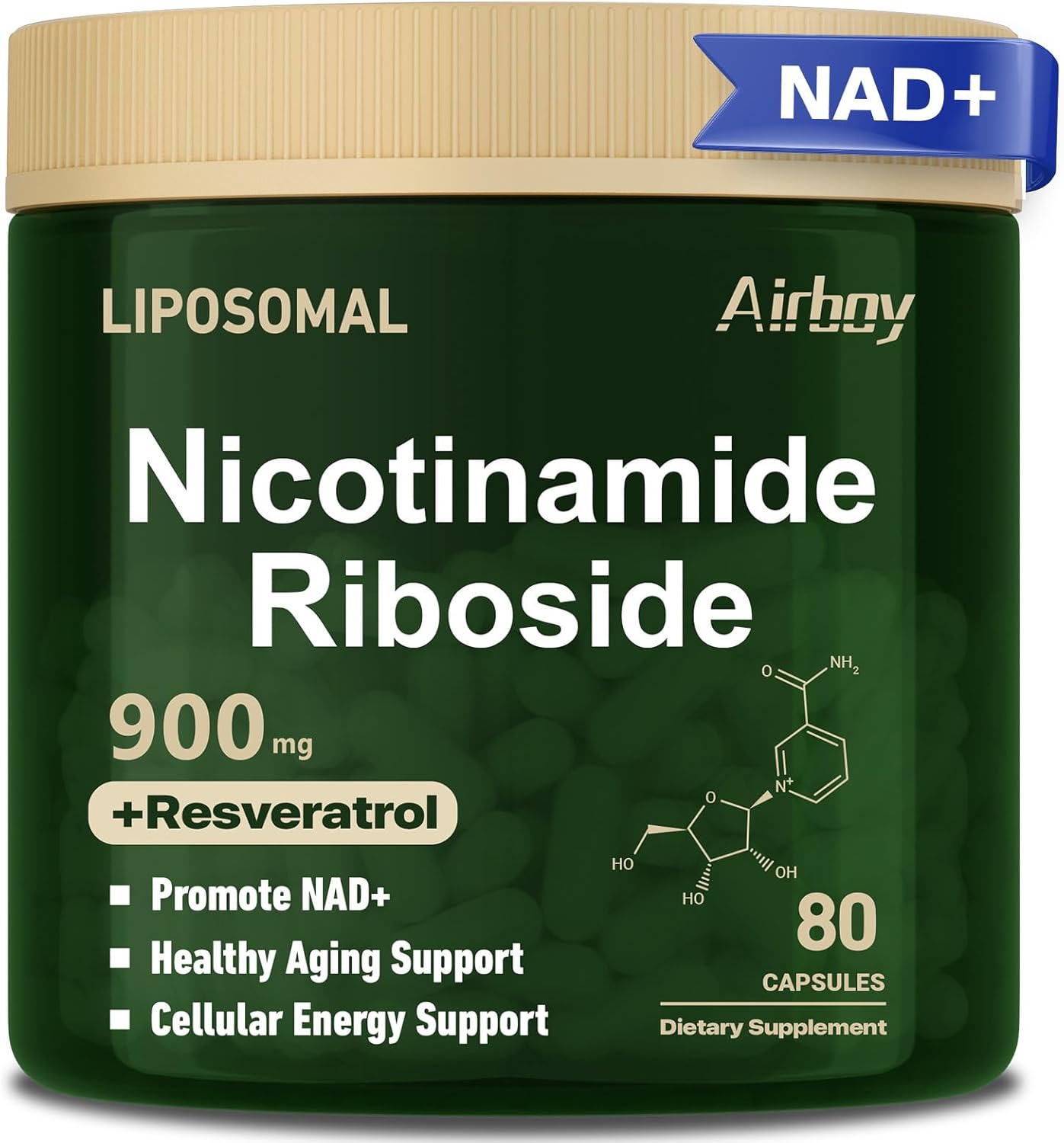 Liposomal NAD Nicotinamide Riboside Resveratrol Supplement - 80 Capsules for Anti-Aging, Energy, and Focus Boost