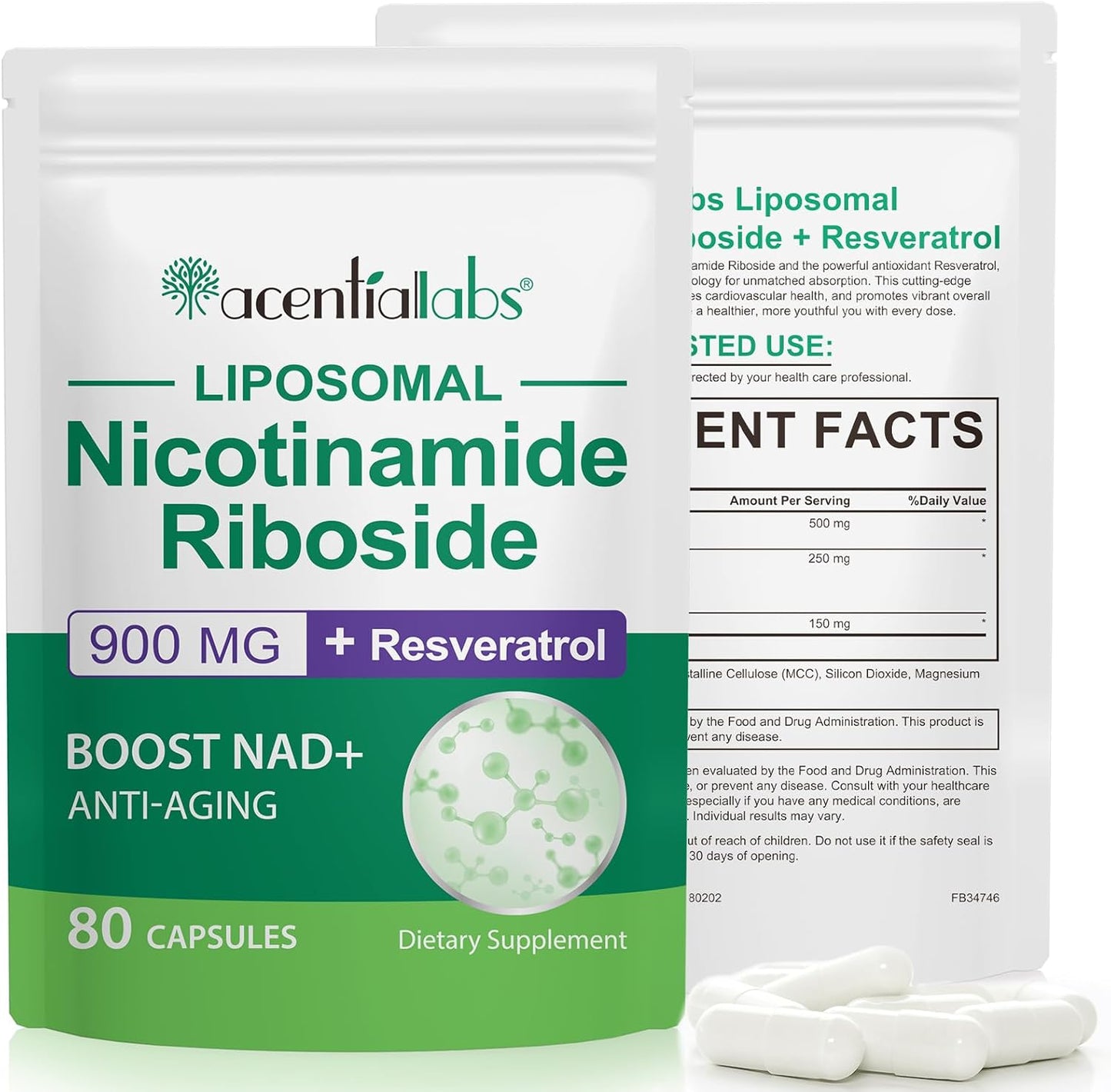 Liposomal NAD Supplement 900mg with NR & Resveratrol - Boost NAD+ Levels for Cellular Health, Anti-Aging, Energy & Focus - 80 Capsules
