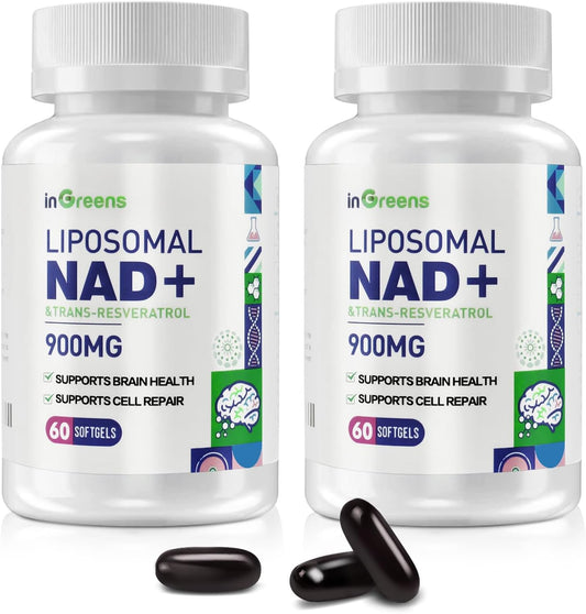 Liposomal NAD+ Supplement 900mg with Trans Resveratrol 300mg - Boost NAD+ Levels, DNA Repair, Aging Defense - 120 Softgels (2 Pack)