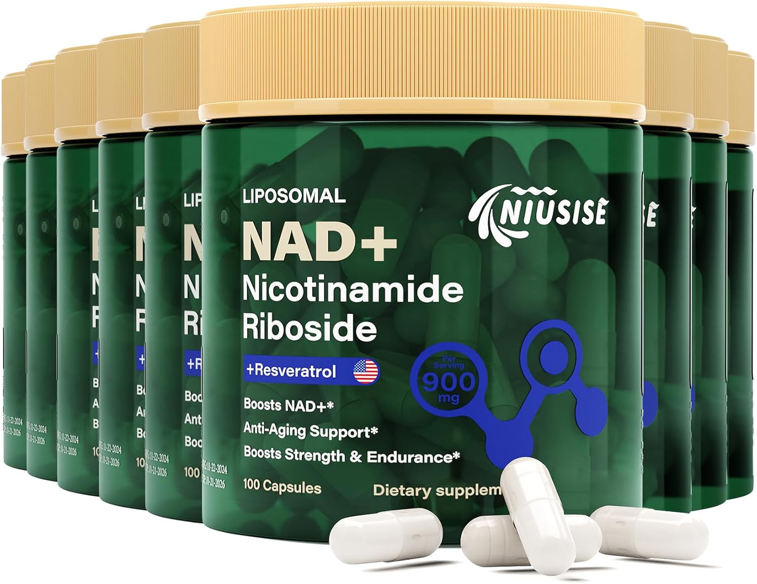 Liposomal NAD+ Supplement with Nicotinamide Riboside, Resveratrol, Quercetin - 900mg Capsules for Energy & NAD+ Boost in Men and Women