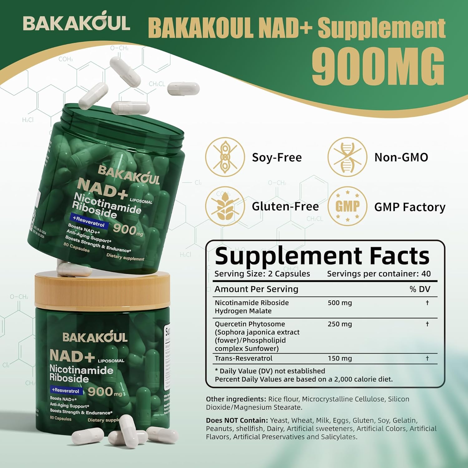 Liposomal NAD+ Supplement with Nicotinamide Riboside, Resveratrol, and Quercetin - 900mg Capsules for Men and Women