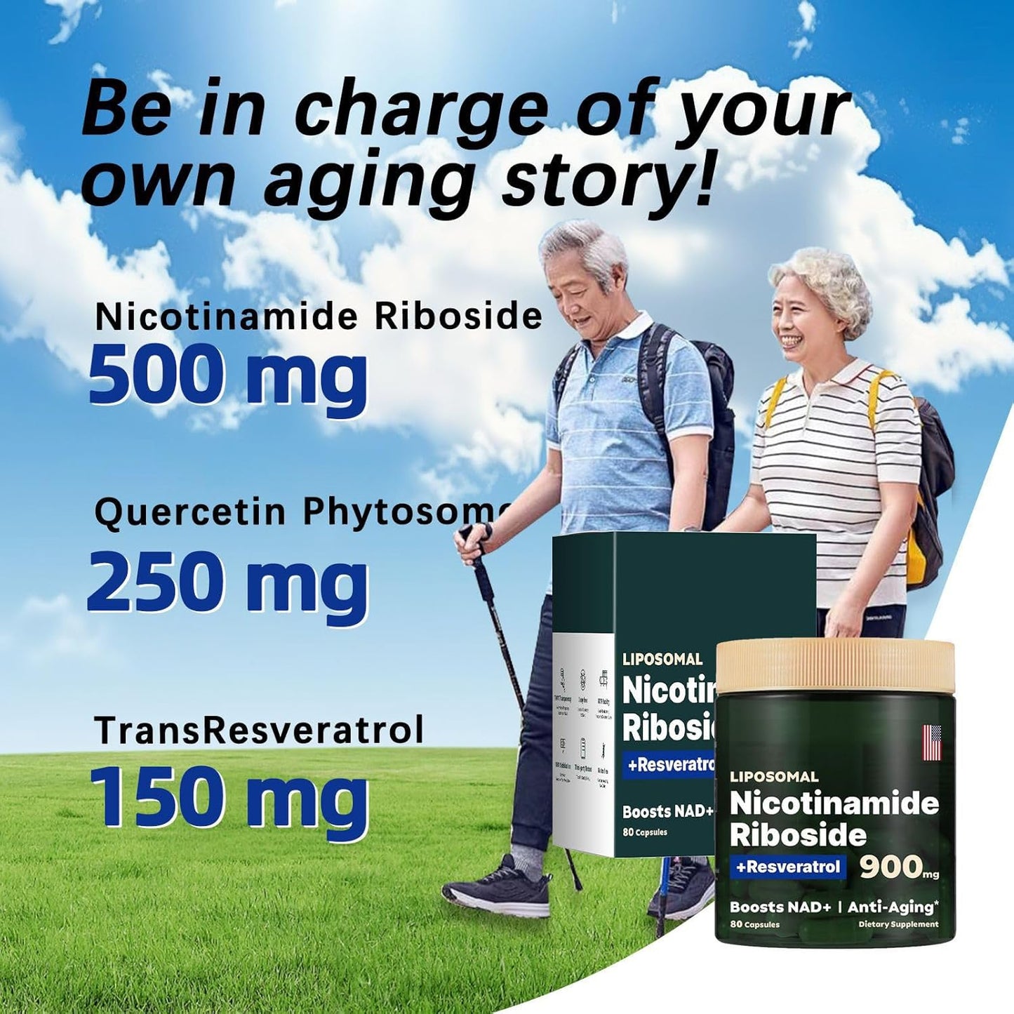 Liposomal NAD+ Supplement with Nicotinamide Riboside, Resveratrol, Quercetin - Anti-Aging - 80 Capsules