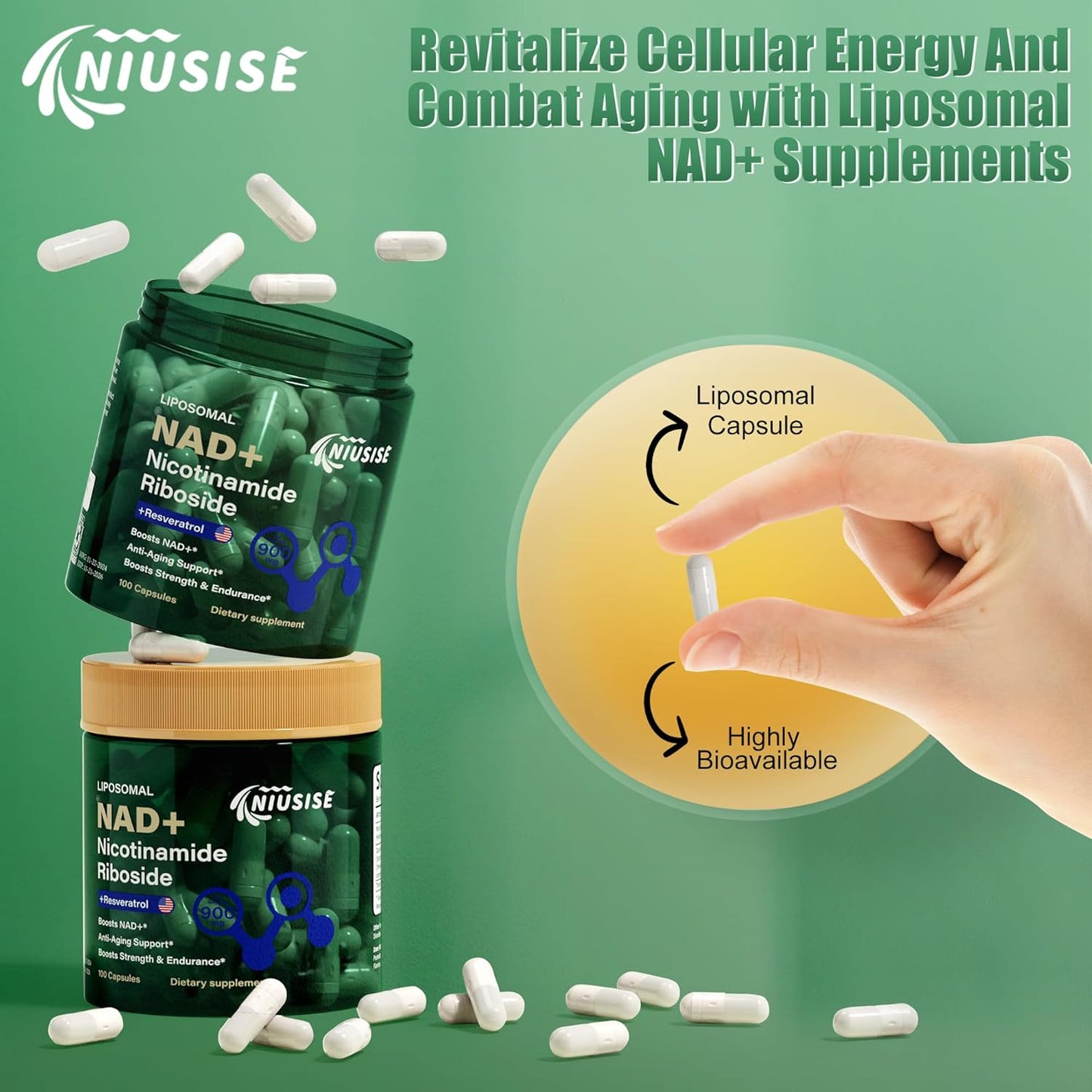 Liposomal NAD+ Supplement with Nicotinamide Riboside, Resveratrol, Quercetin - 900mg Capsules for Energy & NAD+ Boost in Men and Women