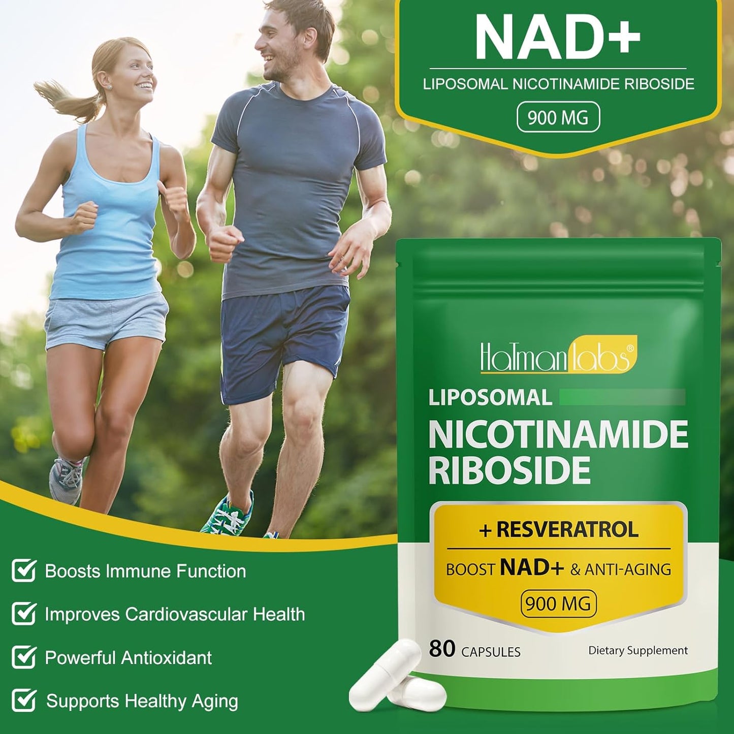 Liposomal NAD+ Supplement with Nicotinamide Riboside Resveratrol - 80 Capsules for Cellular Health & Stamina