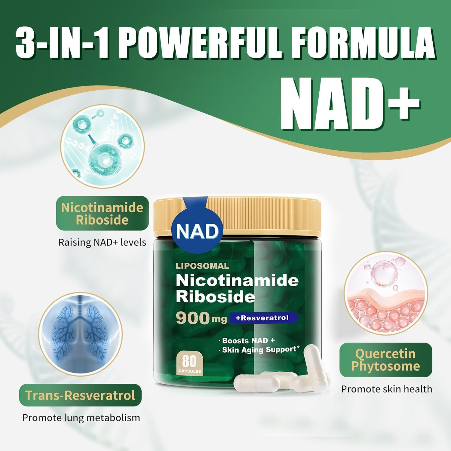 Liposomal NAD+ Supplement with NR, Resveratrol, Quercetin - Energy & Focus Support for Women and Men - 80 Capsules