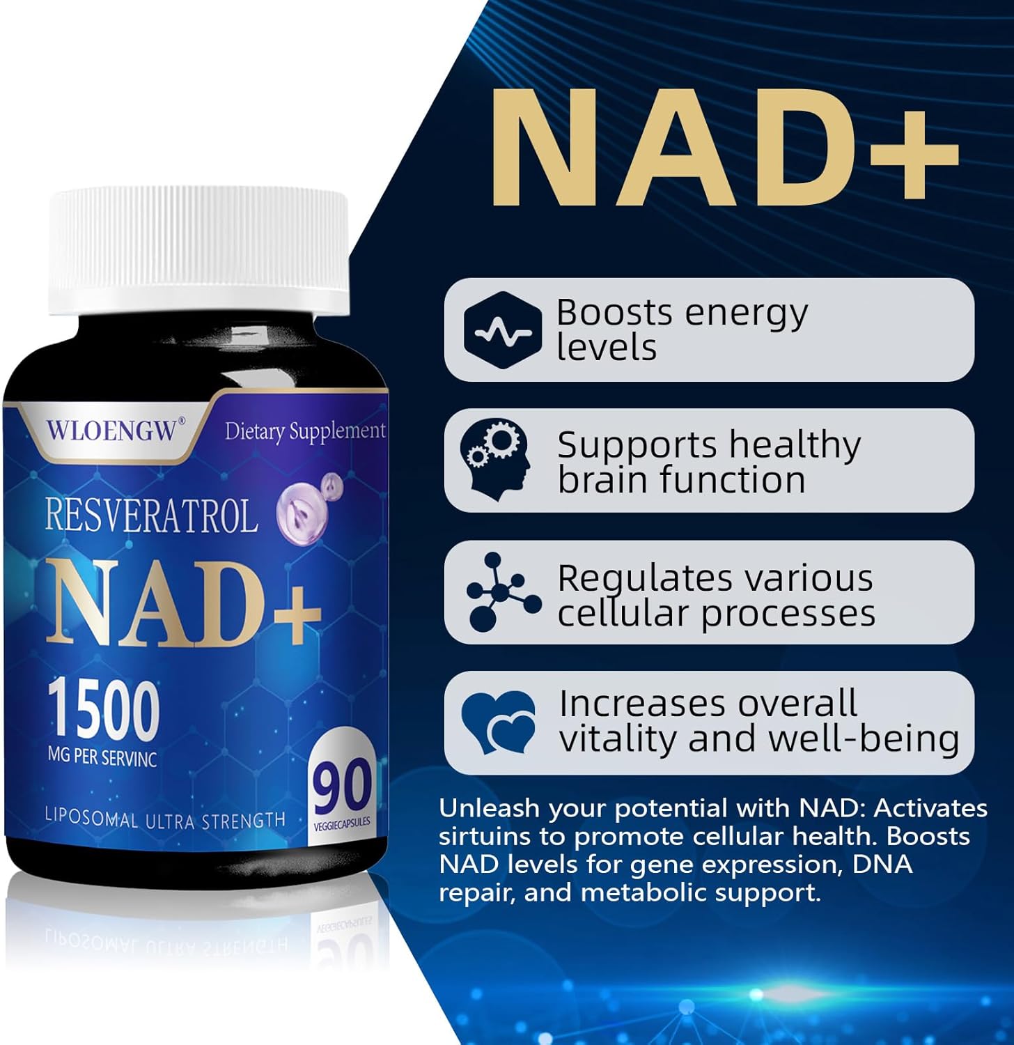 Liposomal NAD+ Supplement with Resveratrol 1500MG - 90 Count by Wloengw - New NAD Supplement